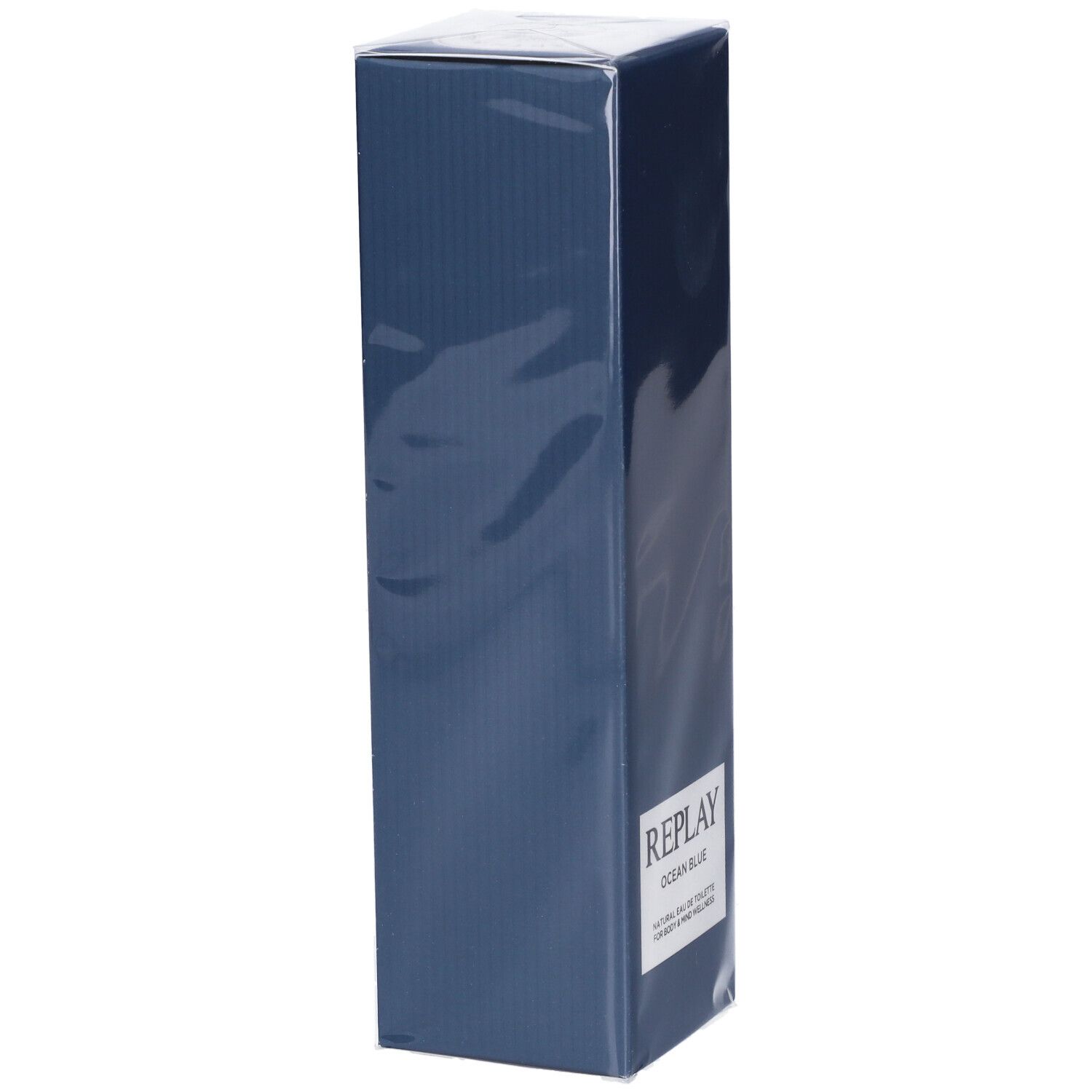 Confezione prodotto rettangolare blu scuro con etichetta argentata "REPLAY".