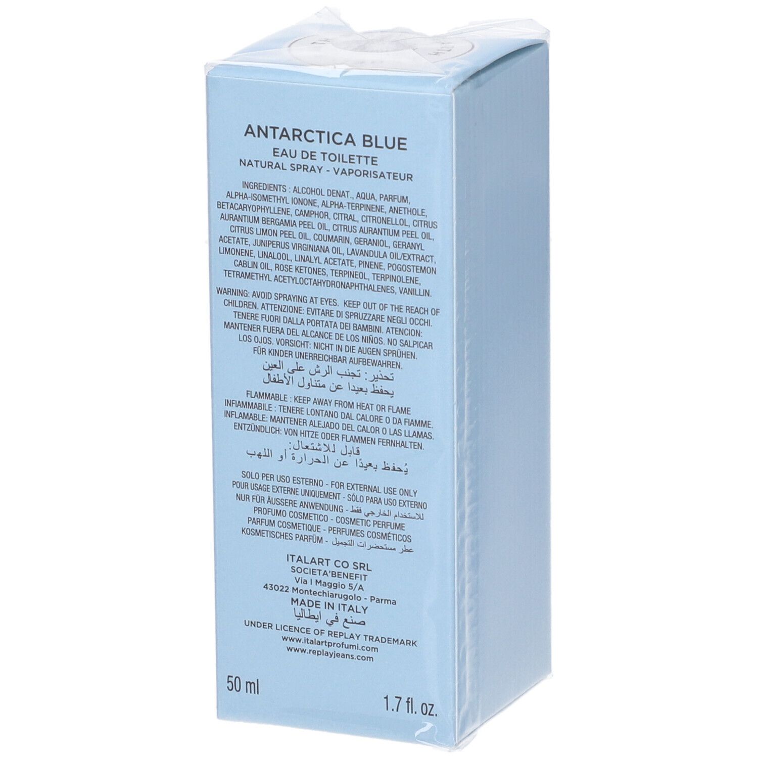 Confezione azzurra per Eau de Toilette, 50 ml, con ingredienti.