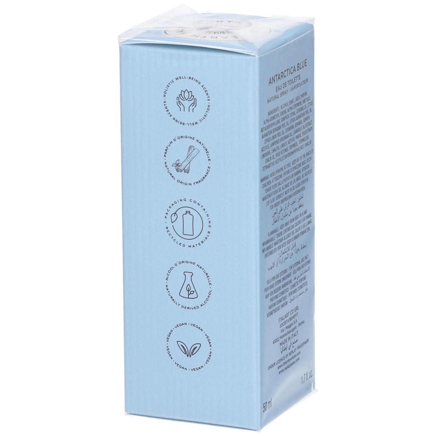 Confezione in cartone Replay Antarctica Blue Eau de Toilette con informazioni sul prodotto e simboli.