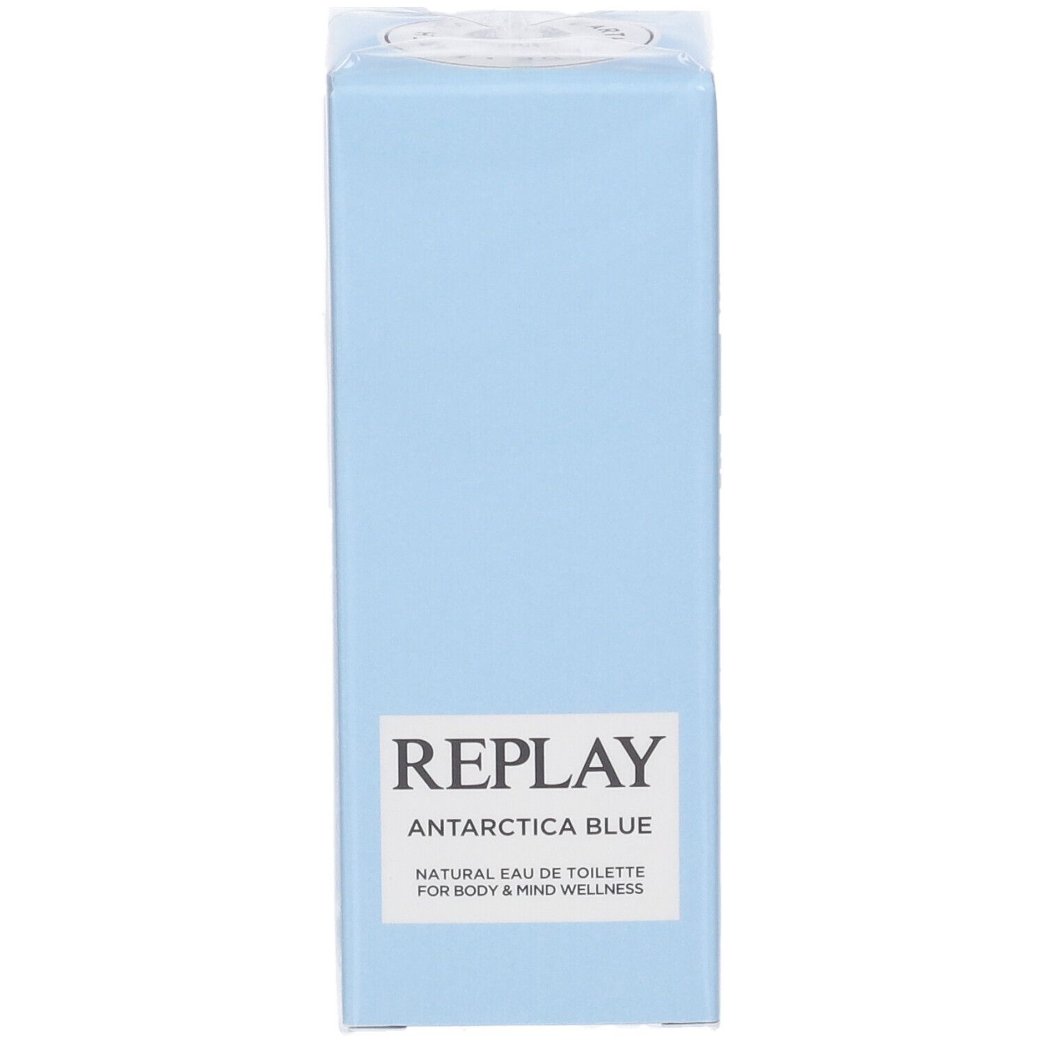 Confezione in cartone Replay Antarctica Blue Eau de Toilette con informazioni sul prodotto.