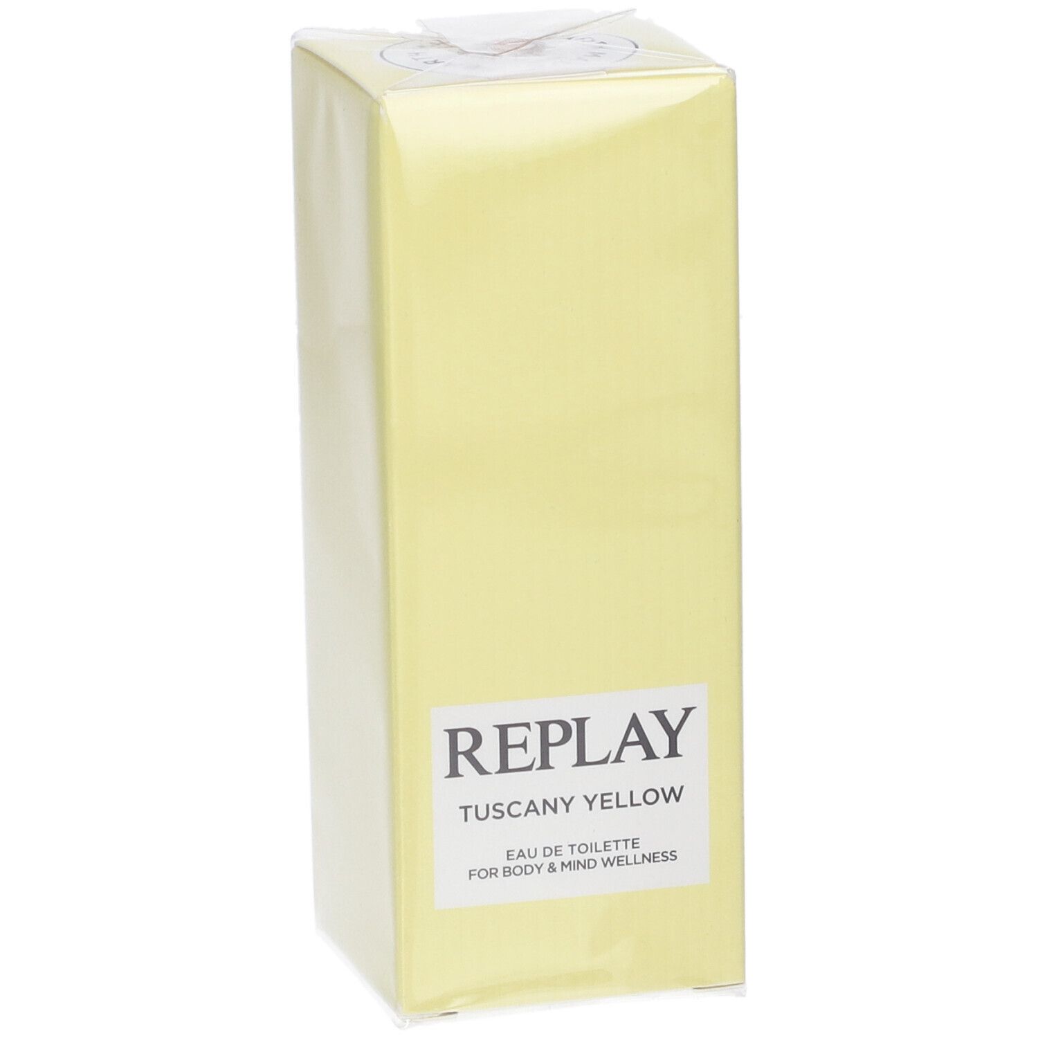 Scatola giallo chiaro con Replay Tuscany Yellow Eau de Toilette.