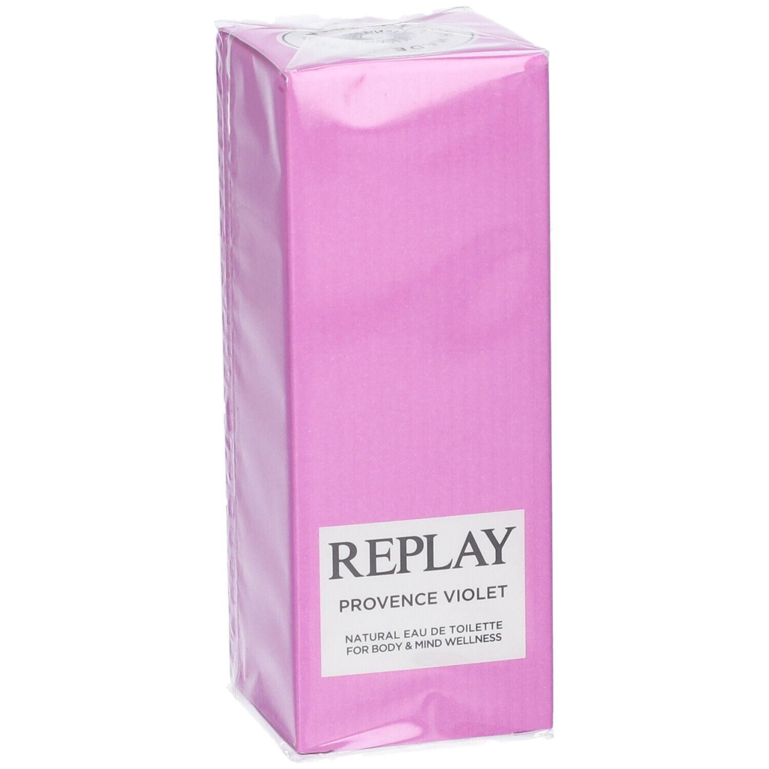 Confezione in cartone Replay Provence Violet Eau de Toilette con informazioni sul prodotto.
