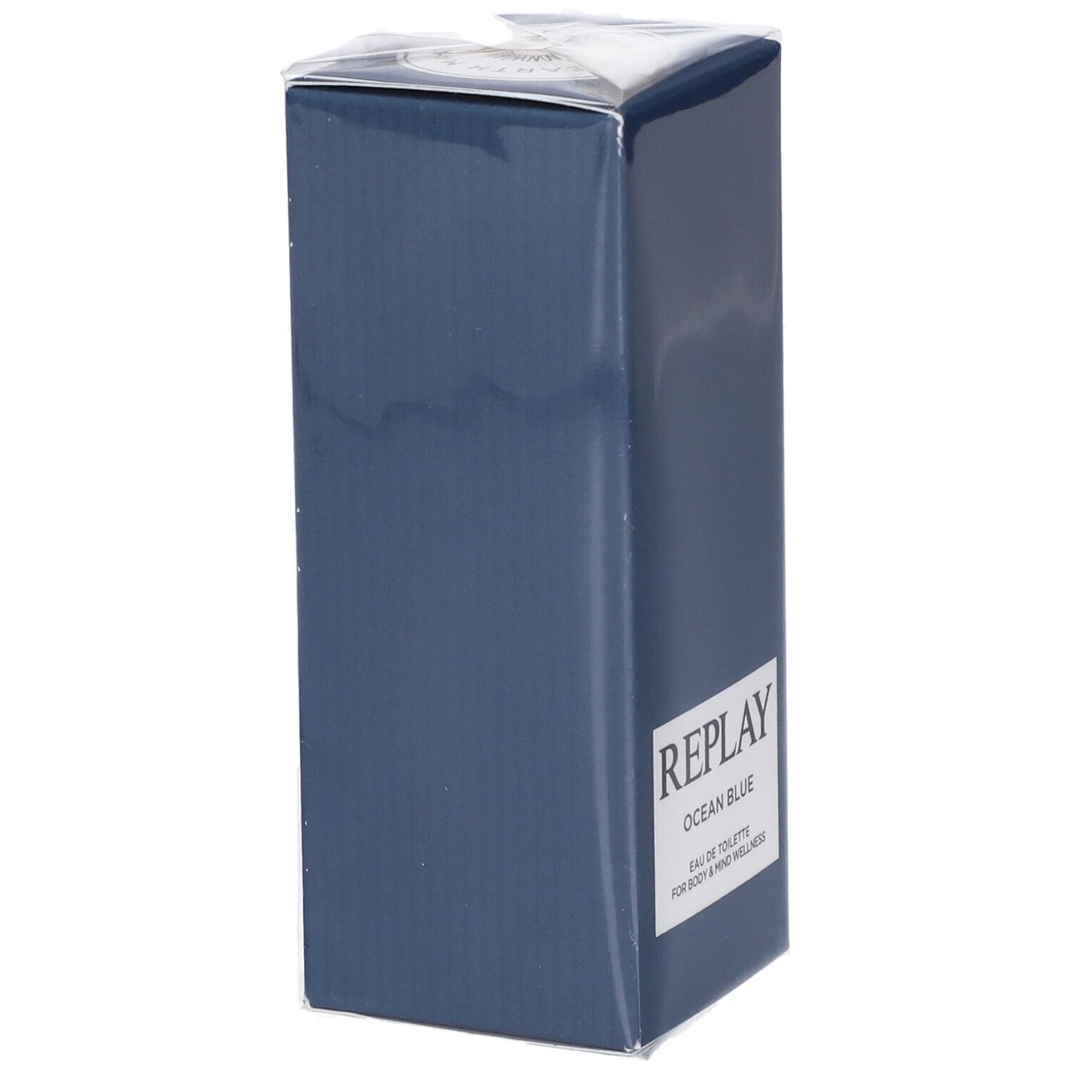 Confezione rettangolare blu scuro con scritta argentata 'REPLAY OCEAN BLUE'.