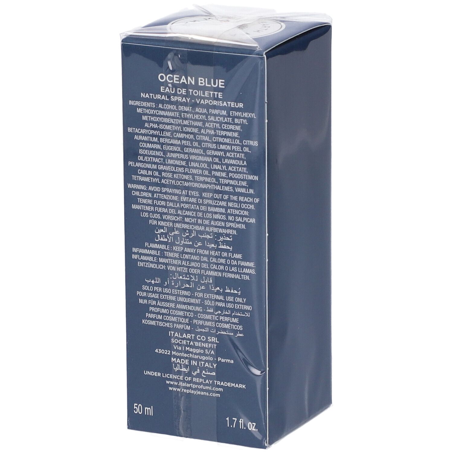Scatola blu scuro con Replay Ocean Blue Eau de Toilette, 50 ml.