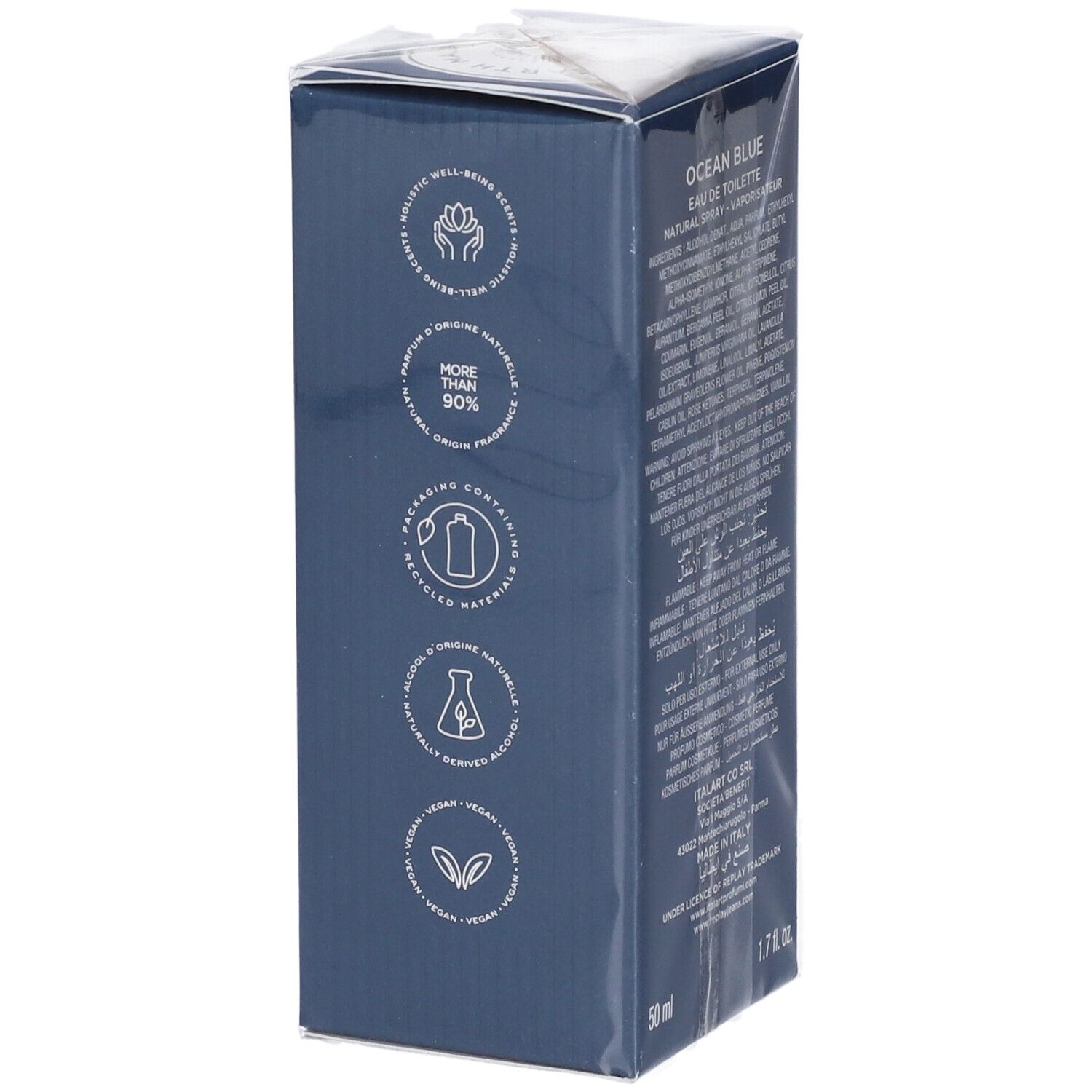 Ocean Blue Eau de Toilette 50ml, confezione con simboli di sostenibilità.