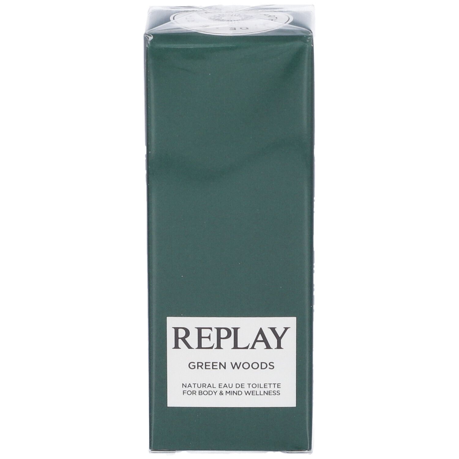 Confezione in cartone Replay Green Woods Eau de Toilette con informazioni sul prodotto.