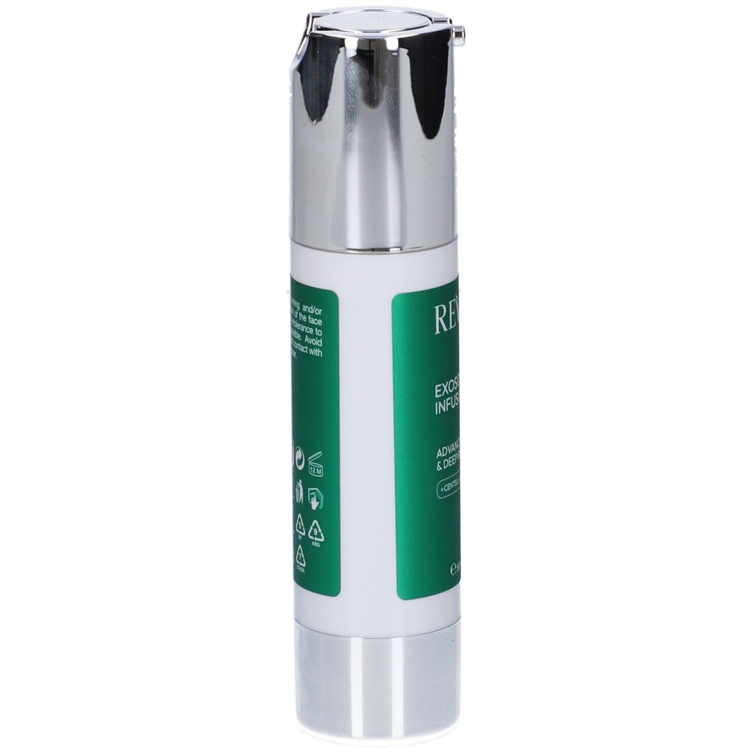 Siero Revuele Exclusiv Infusion in flacone argento e bianco con erogatore a pompa.