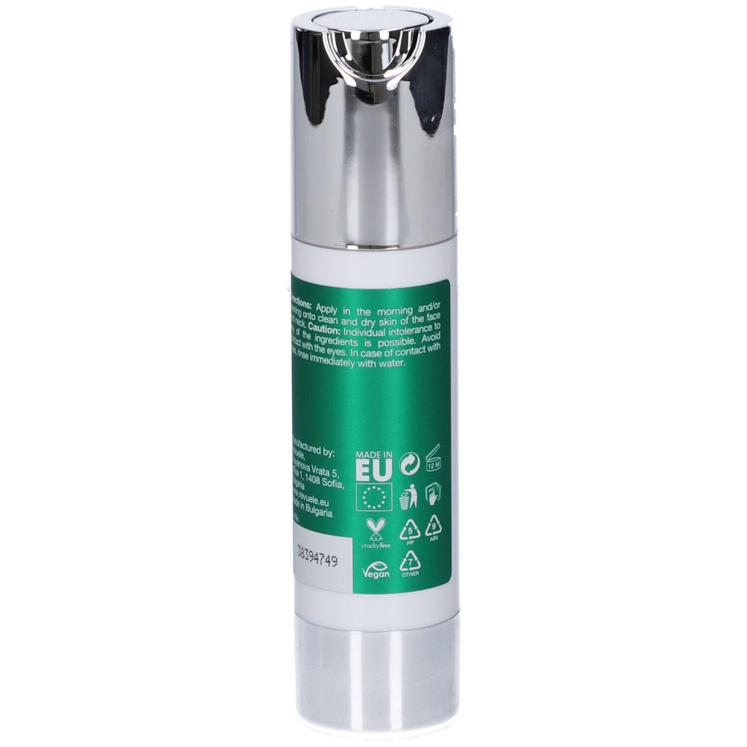 Flacone bianco con tappo a pompa argentato, etichetta verde con istruzioni per l'uso.