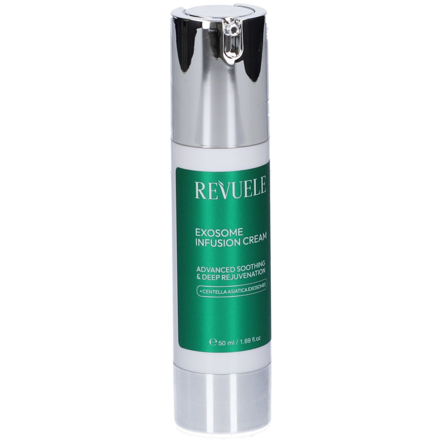 Flacone Revuele Exosome Infusion Cream con erogatore argentato.