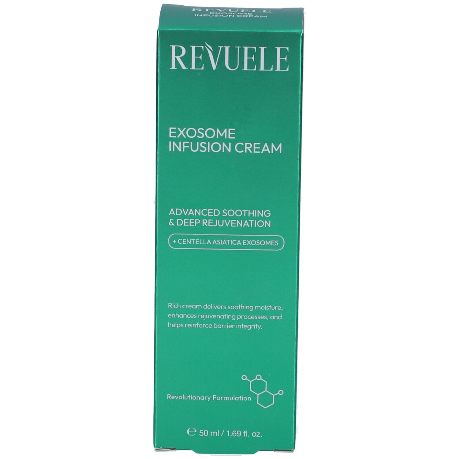 Crema Revuele Exosome Infusion, 50 ml. Confezione verde con scritte bianche.