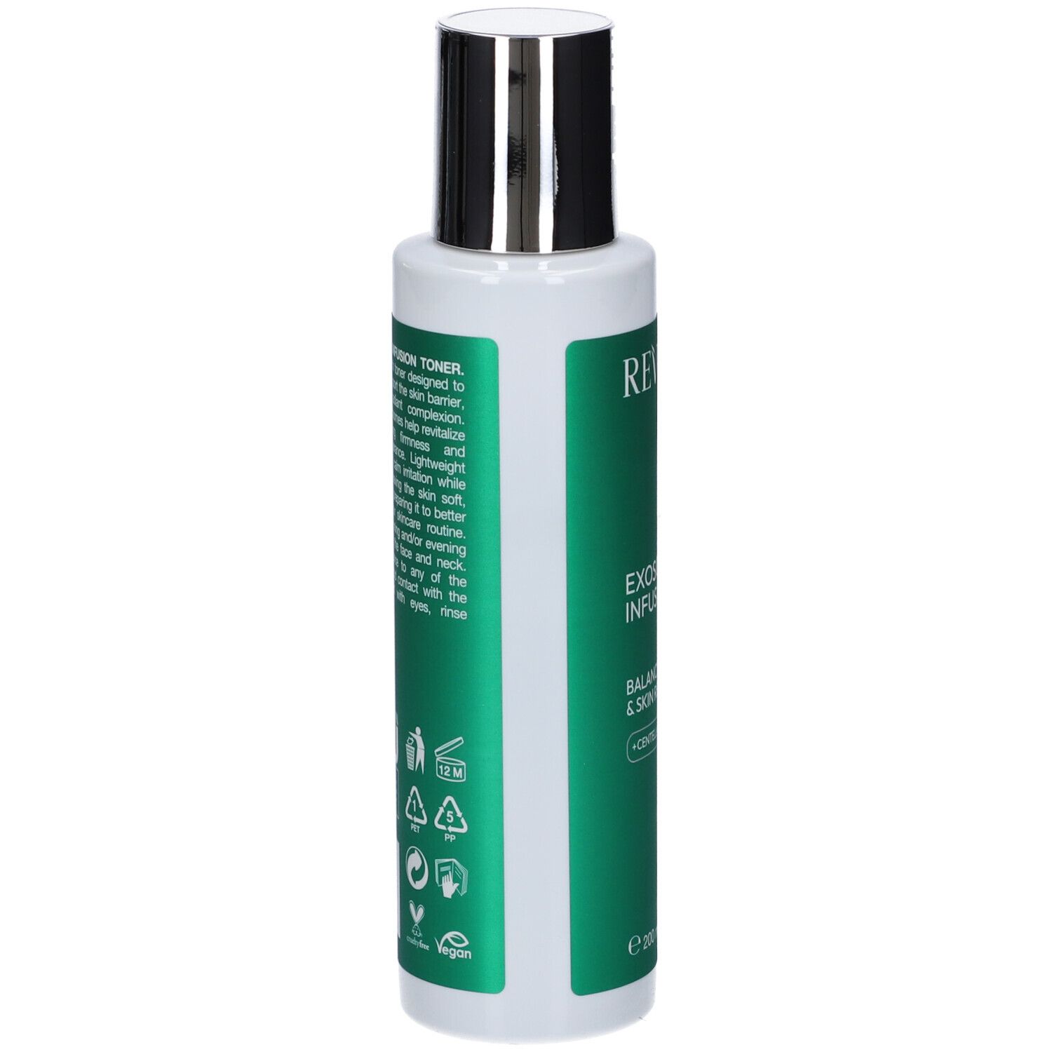 Revuele Exfoliating Toner in flacone bianco con tappo argentato.