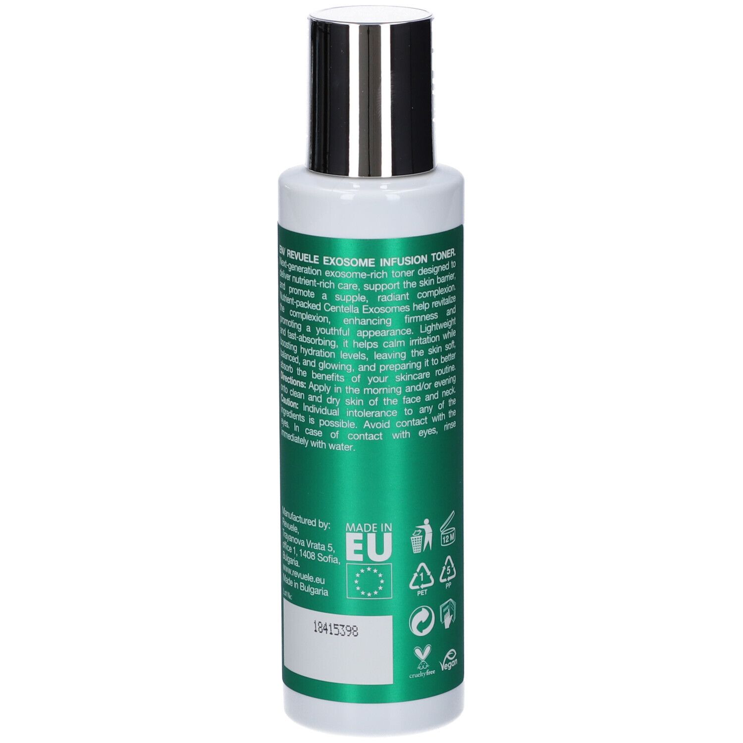 Flacone con tappo argentato, etichetta verde con testo e certificazione UE.