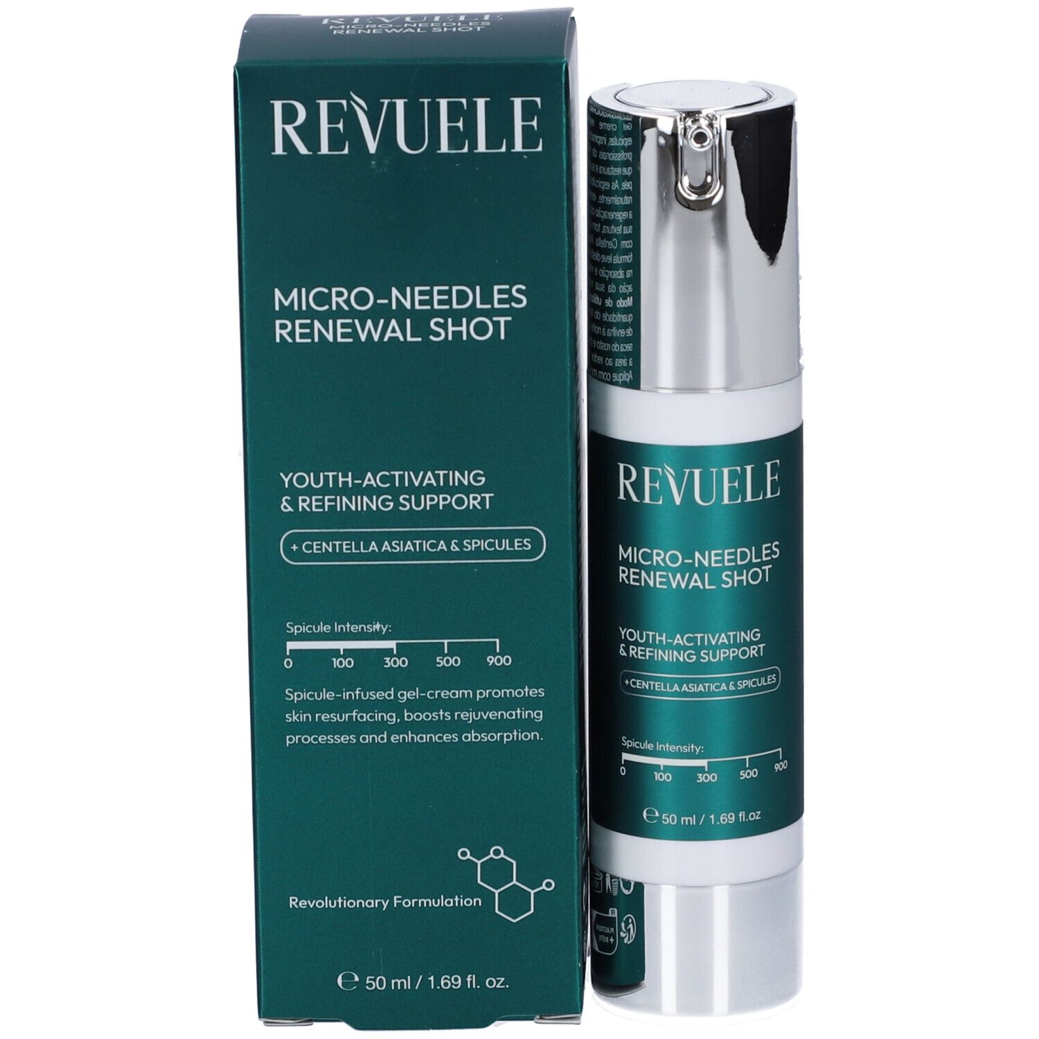 Flacone Revuele Micro-Needles Renewal Shot con erogatore e confezione esterna.