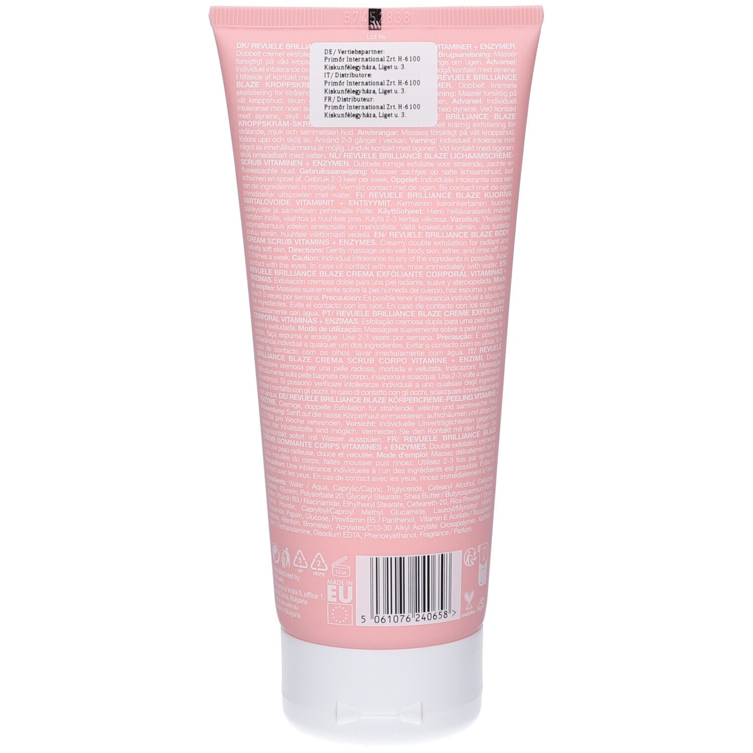 Tubo rosa con tappo a scatto bianco, retro con testo e codice a barre.