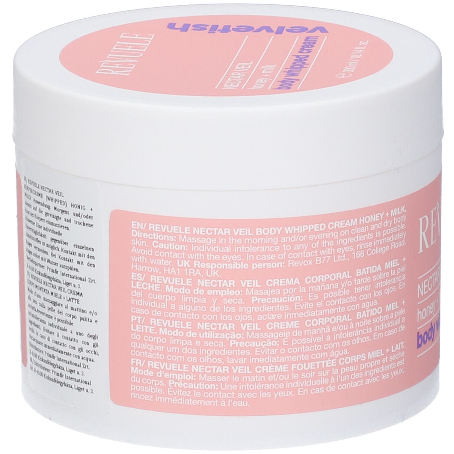 Crema corpo montata Revuele Nectar Veil Miele Latte in vaso bianco con coperchio rosa.