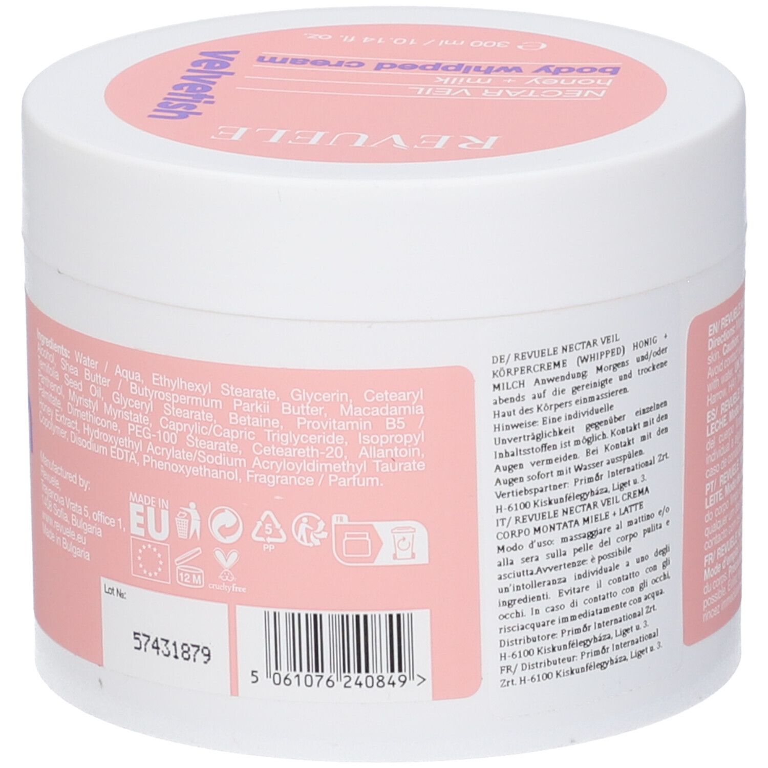 Contenitore rotondo con coperchio a vite, bianco, con accenti rosa e dorati, scritta 'Revuele NECTAR VEIL'.