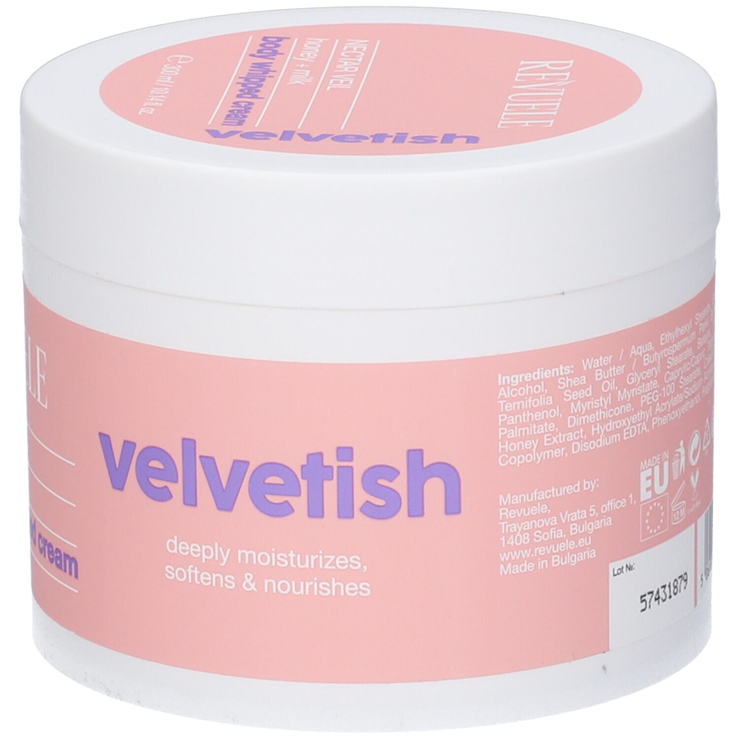 Crema corpo montata Velvetish di Revuele in vaso bianco con etichetta rosa.