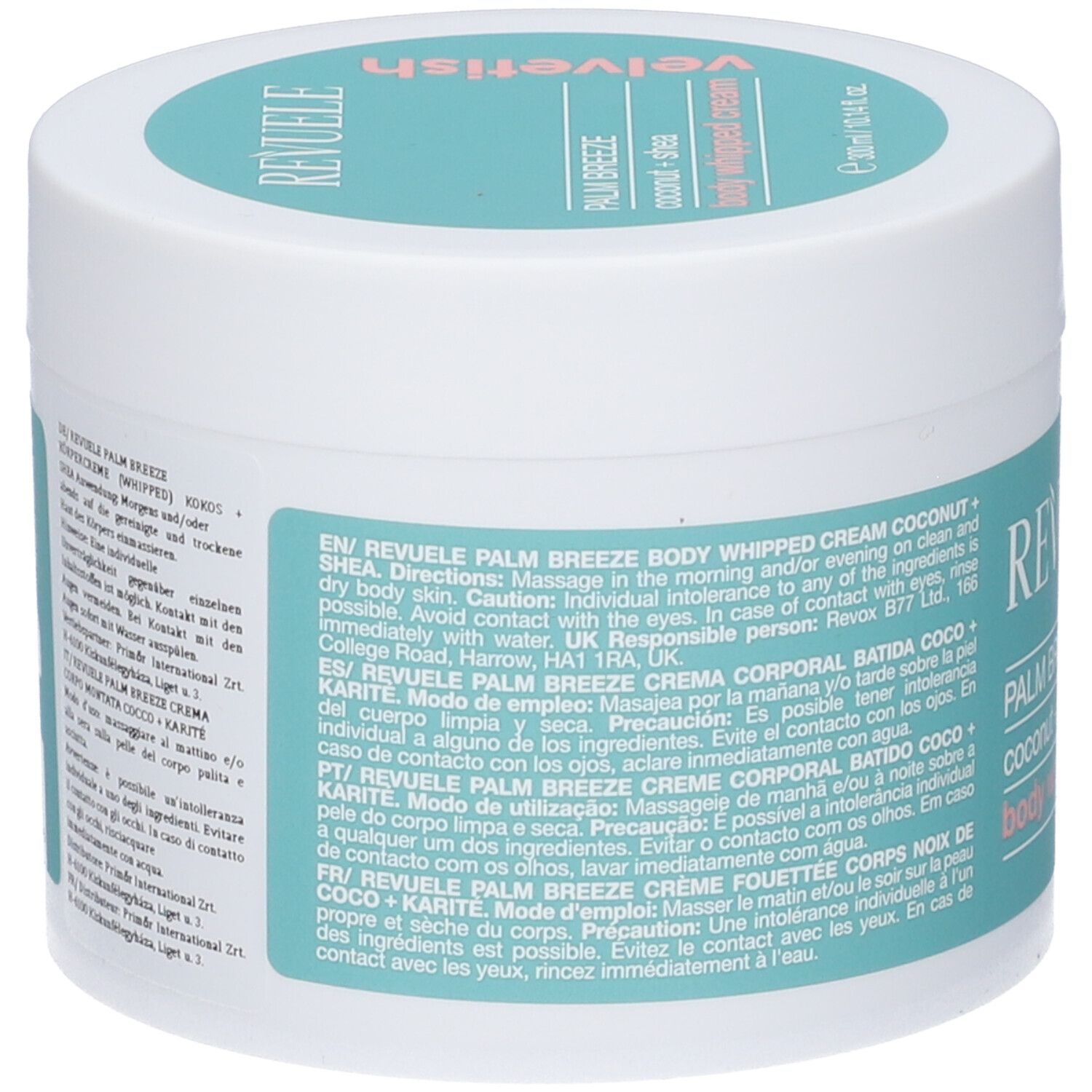Revuele Palm Breeze Body Whipped Cream Cocco + Karité in vaso bianco con coperchio turchese. 250ml.