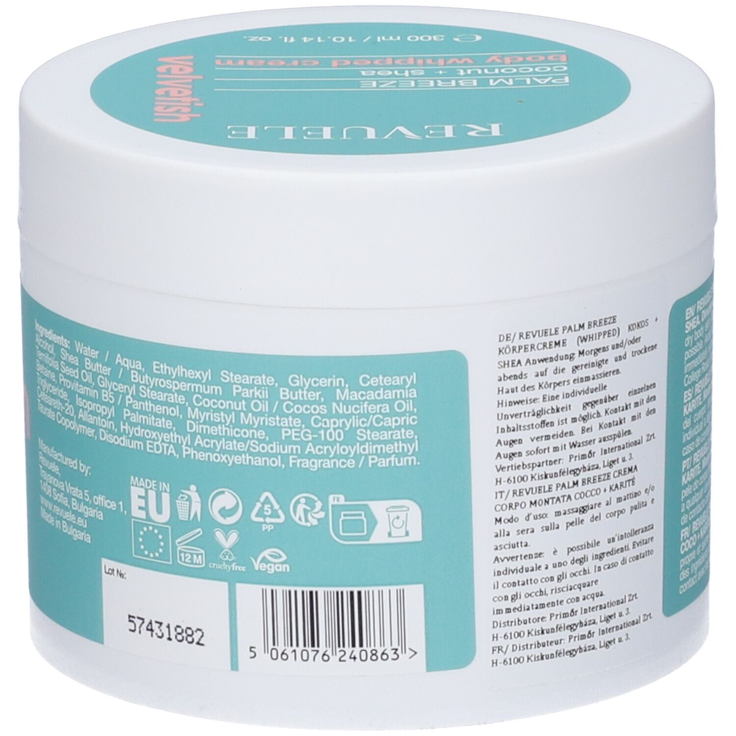 Barattolo di crema corpo montata Revuele Palm Breeze, 300ml.