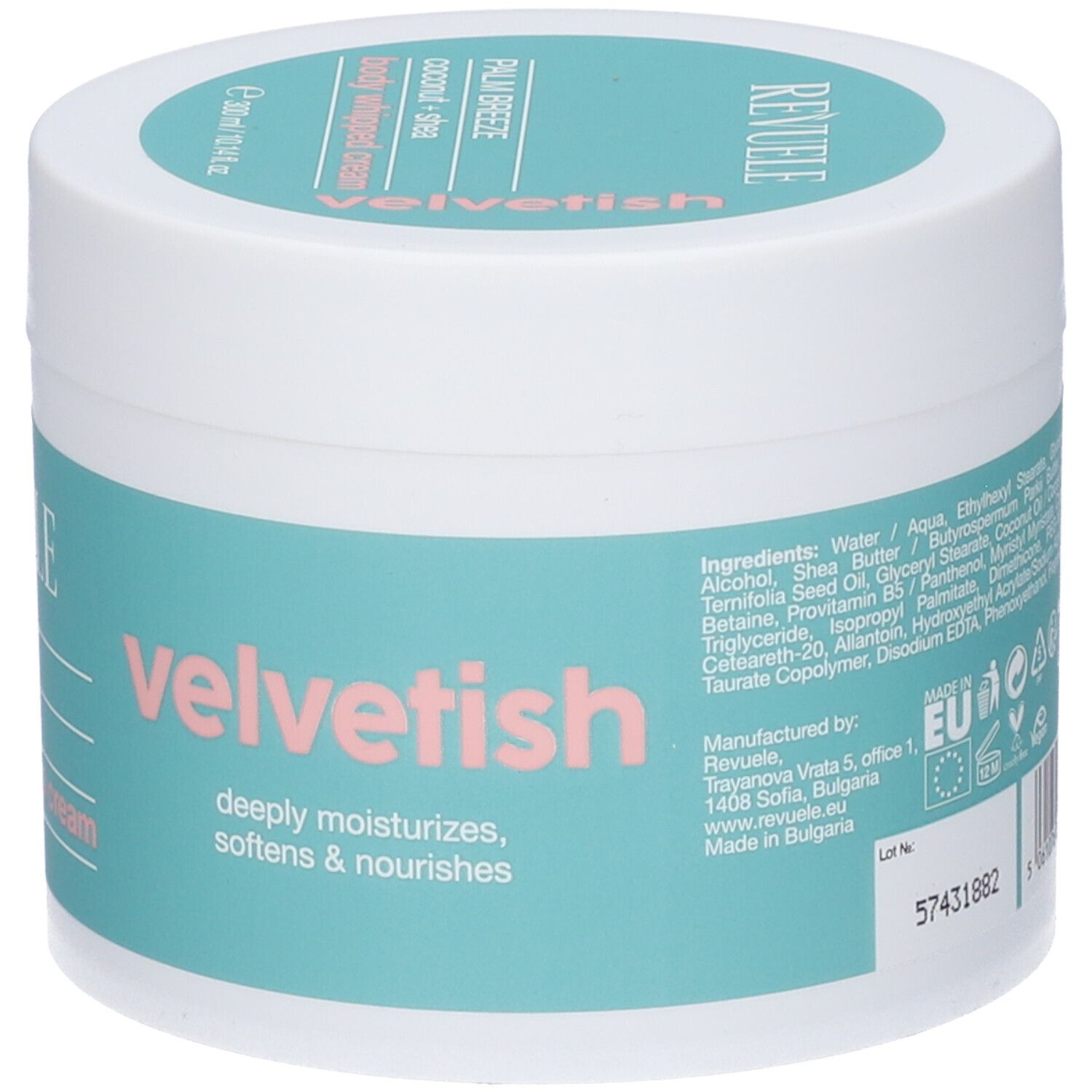 Vasetto bianco con la scritta 'velvetish', contenente una crema idratante.