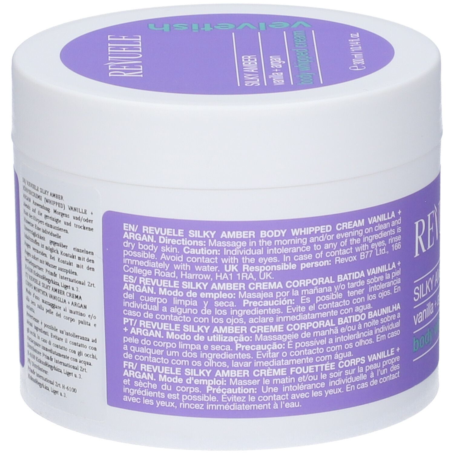 Revuele Silky Amber Body Whipped Cream Vaniglia + Argan in vaso bianco con coperchio viola. 250ml.