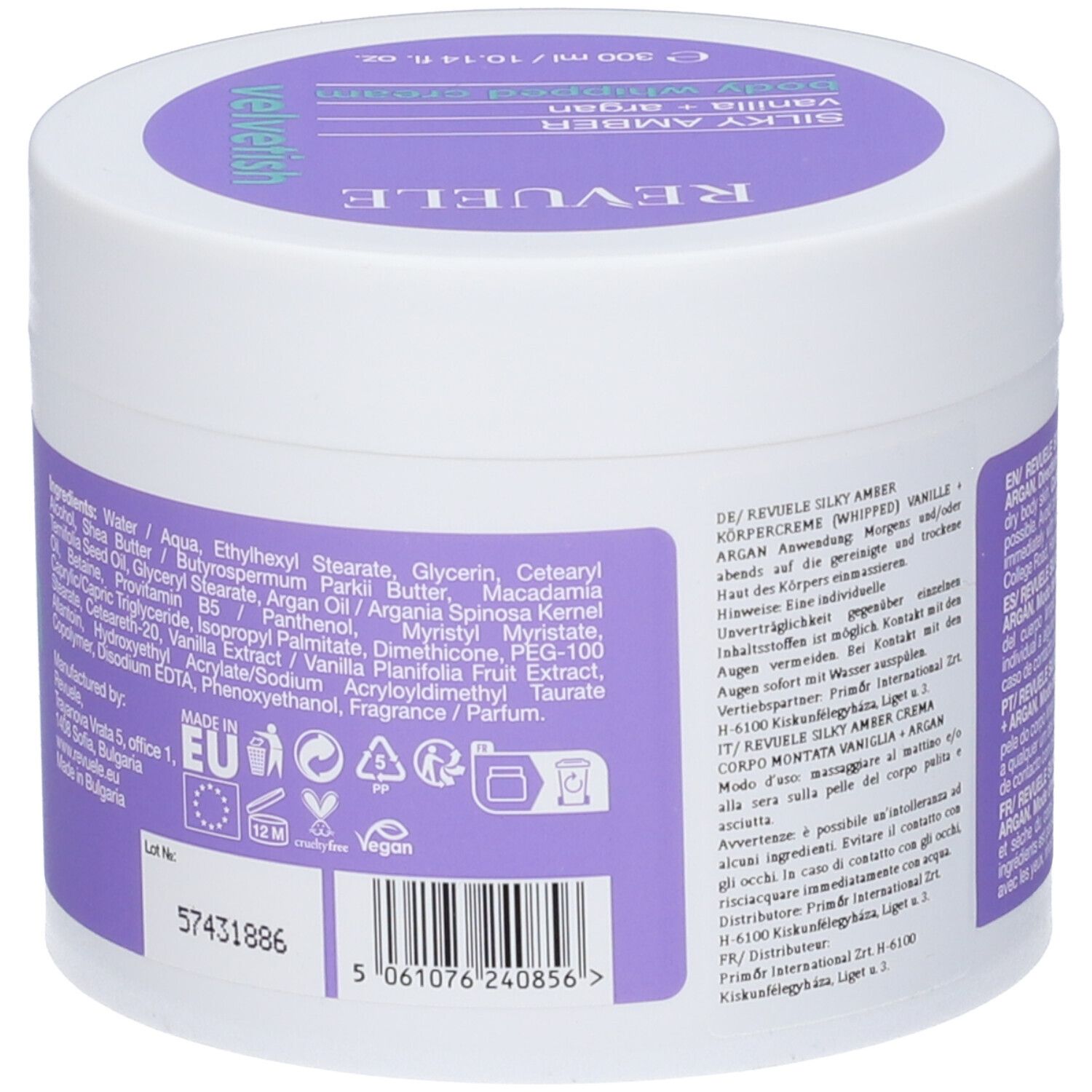 Crema corpo Revuele 'Silky Amber' vaniglia e argan, 300 ml.