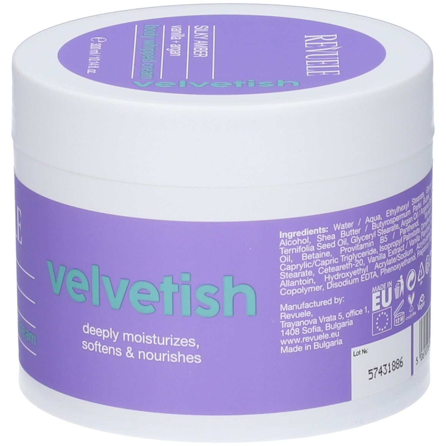 Crema idratante Revuele Velvetish in barattolo bianco con etichetta viola.