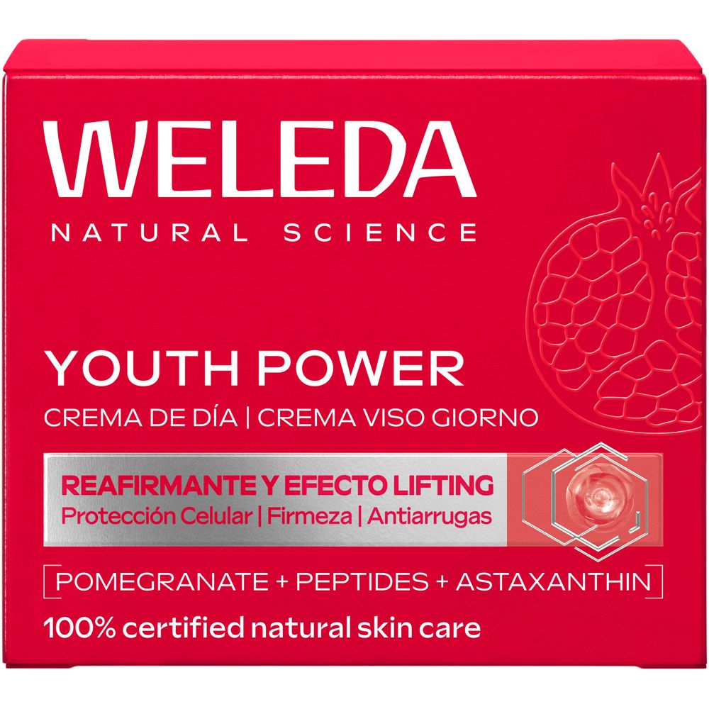 Confezione di crema giorno Weleda Youth Power con motivo melograno.