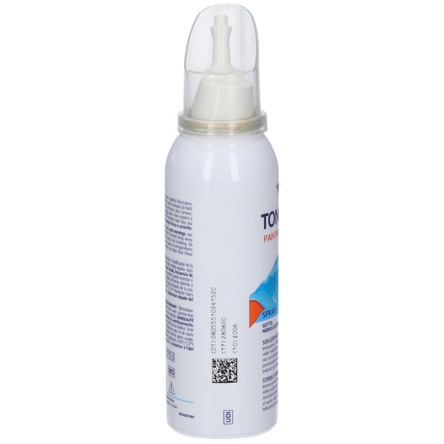 TONIMER PANTHEXYL BABY SPRAY: Retro della bomboletta spray con informazioni sul prodotto e codice a barre.