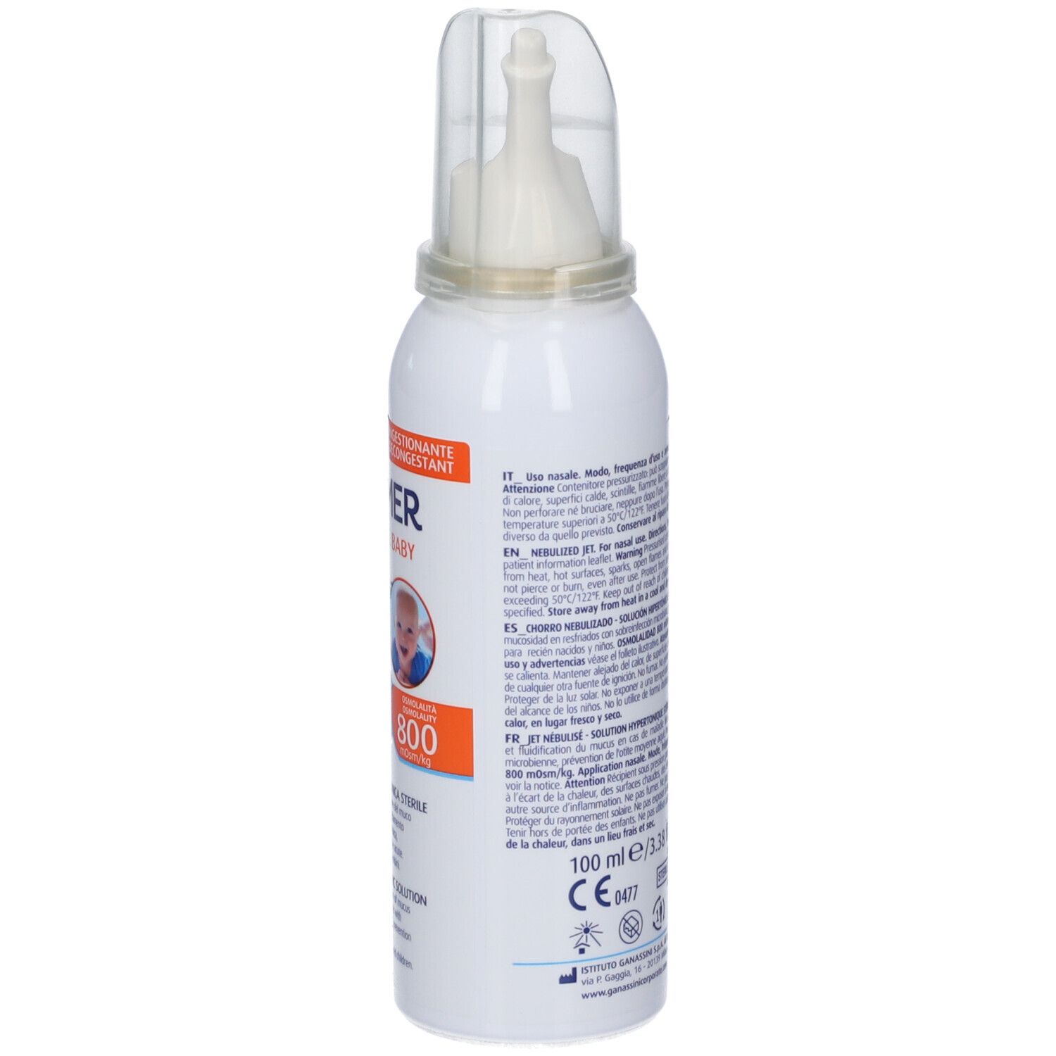 TONIMER PANTHEXYL BABY SPRAY: Vista laterale della bomboletta spray con istruzioni d'uso multilingue.