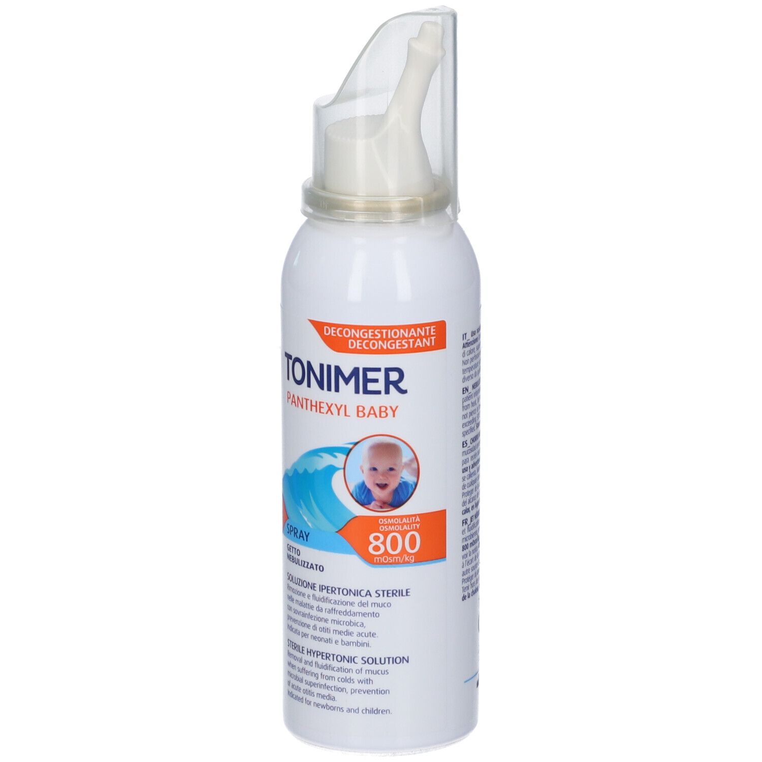 TONIMER PANTHEXYL BABY SPRAY: Bomboletta spray con applicatore nasale, immagine di bambino e motivo a onde.