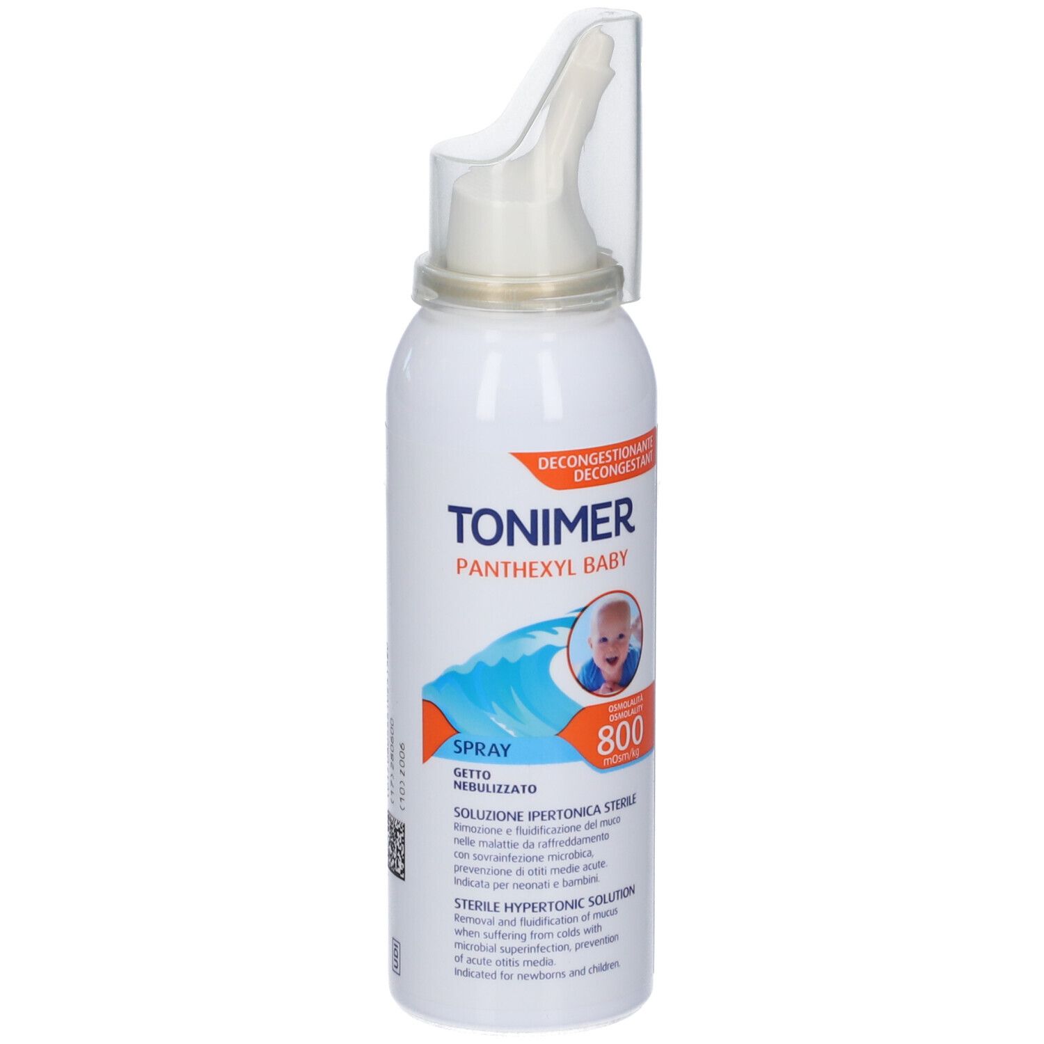 TONIMER PANTHEXYL BABY SPRAY: Bomboletta spray con applicatore nasale, immagine di bambino e motivo a onde.