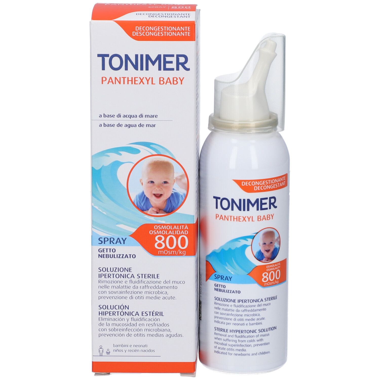 Flacone spray nasale e scatola per Tonimer Panthexy Baby a base di acqua di mare, 800 mOsm/kg.