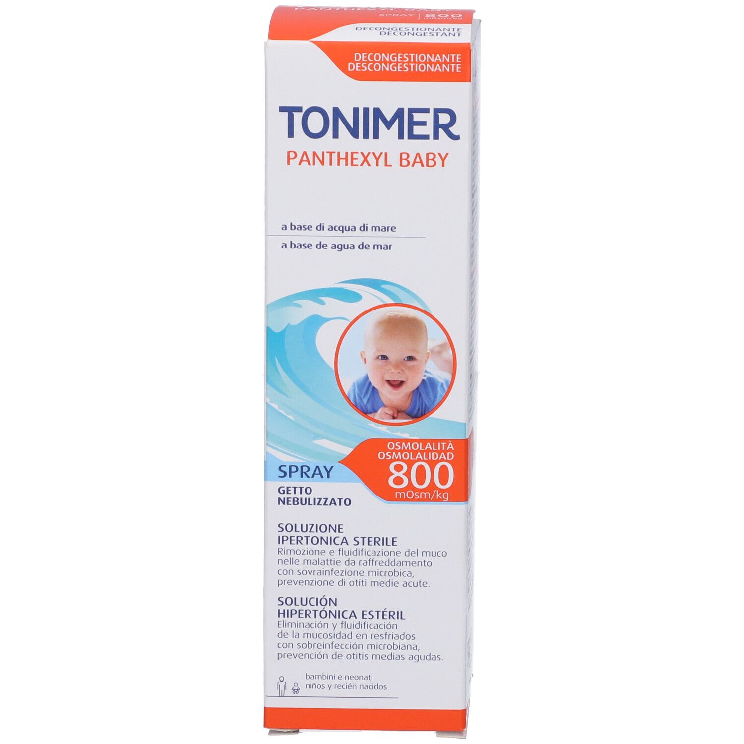 TONIMER PANTHEXYL BABY SPRAY: Confezione con informazioni sul prodotto, immagine di bambino e motivo a onde.