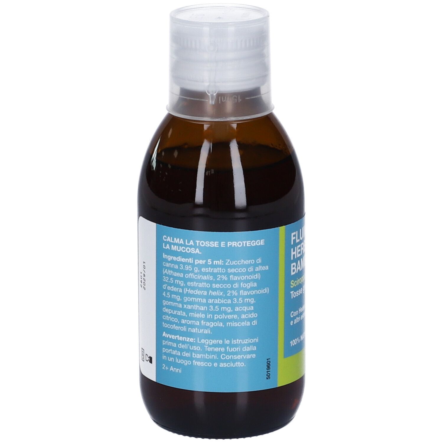 Retro di un flacone di sciroppo Fluimucil Herbal Bambini, 140 ml.