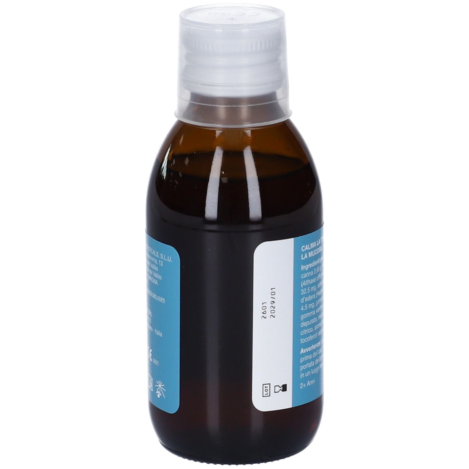 Flacone in vetro marrone con tappo a vite bianco, riempito di liquido.
