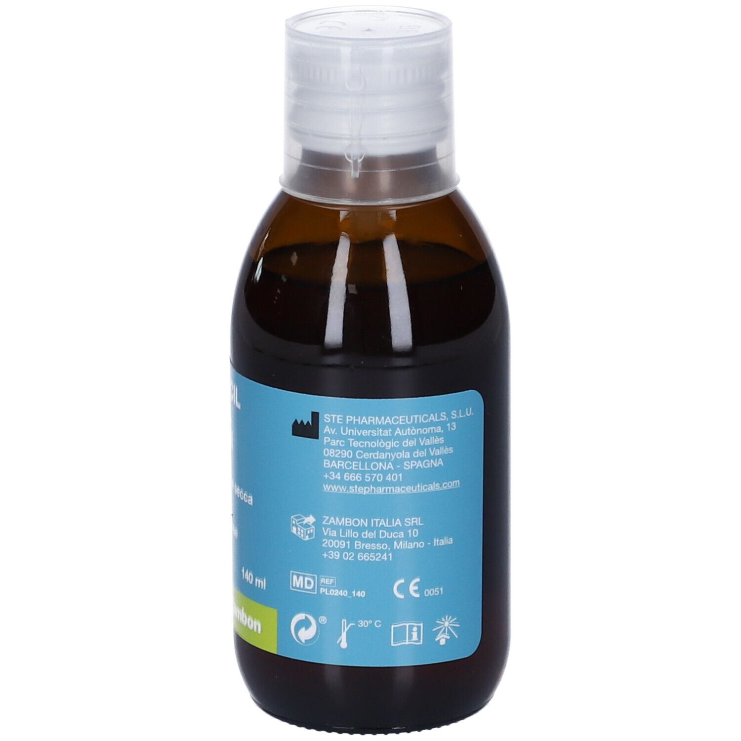 Flacone in vetro marrone con liquido scuro e tappo a vite bianco. Etichetta con marchio CE e pittogrammi.