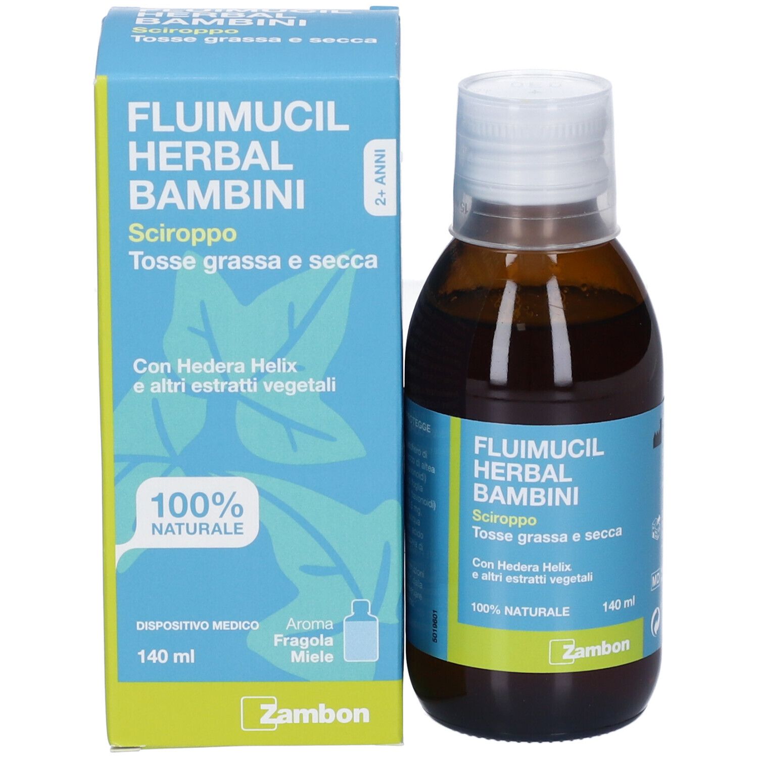 Fluimucil Herbal Bambini Sciroppo per la tosse, flacone e scatola da 140 ml.