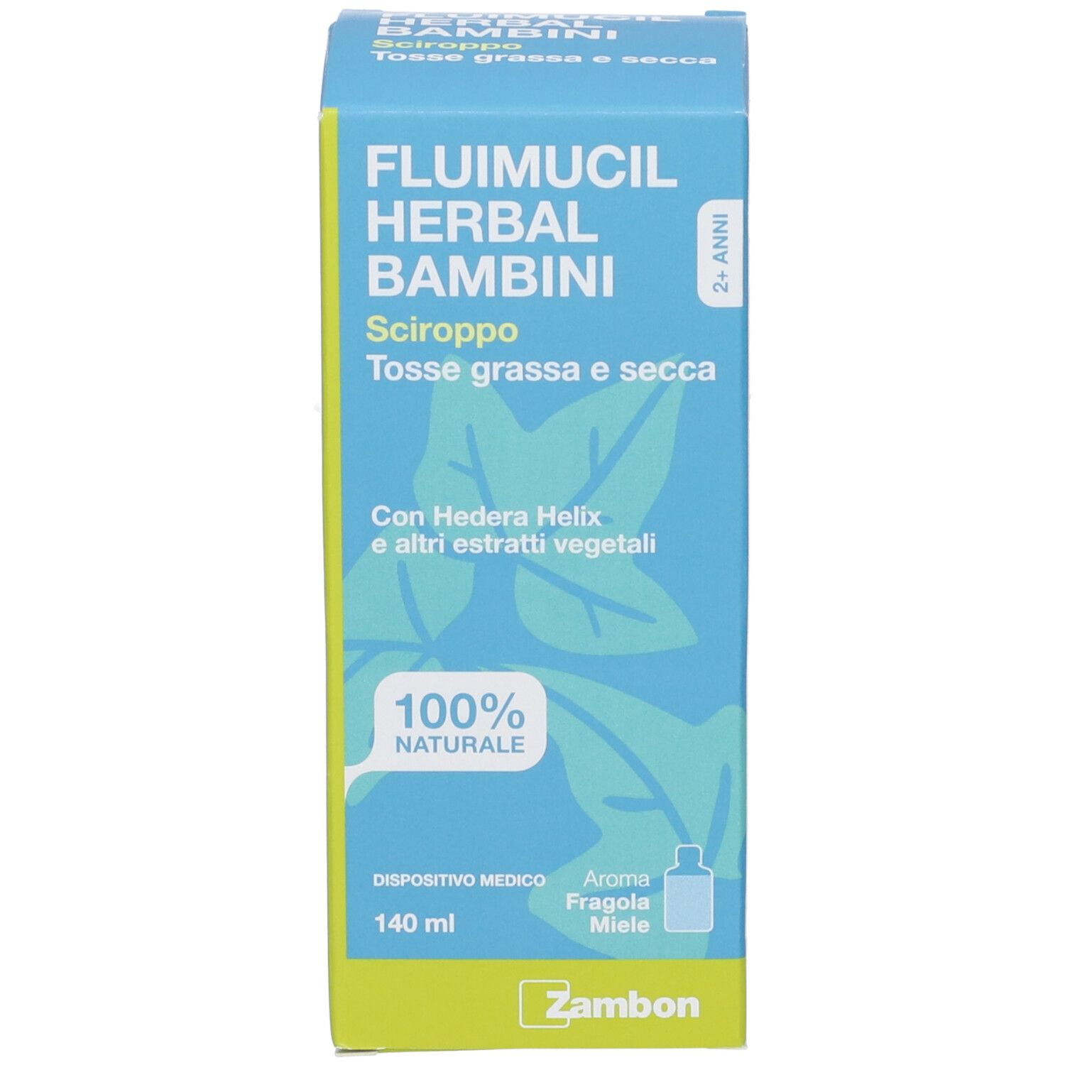 Confezione per sciroppo per bambini contro la tosse. Etichetta: Fluimucil Herbal Bambini Sciroppo.