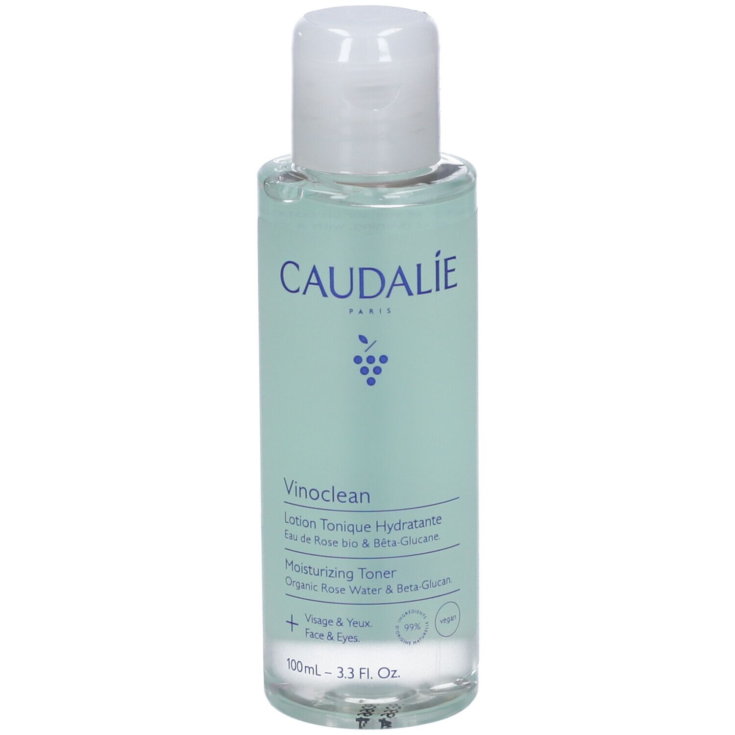 Flacone trasparente Caudalie Vinoclean Lozione Tonica Idratante, 100ml.