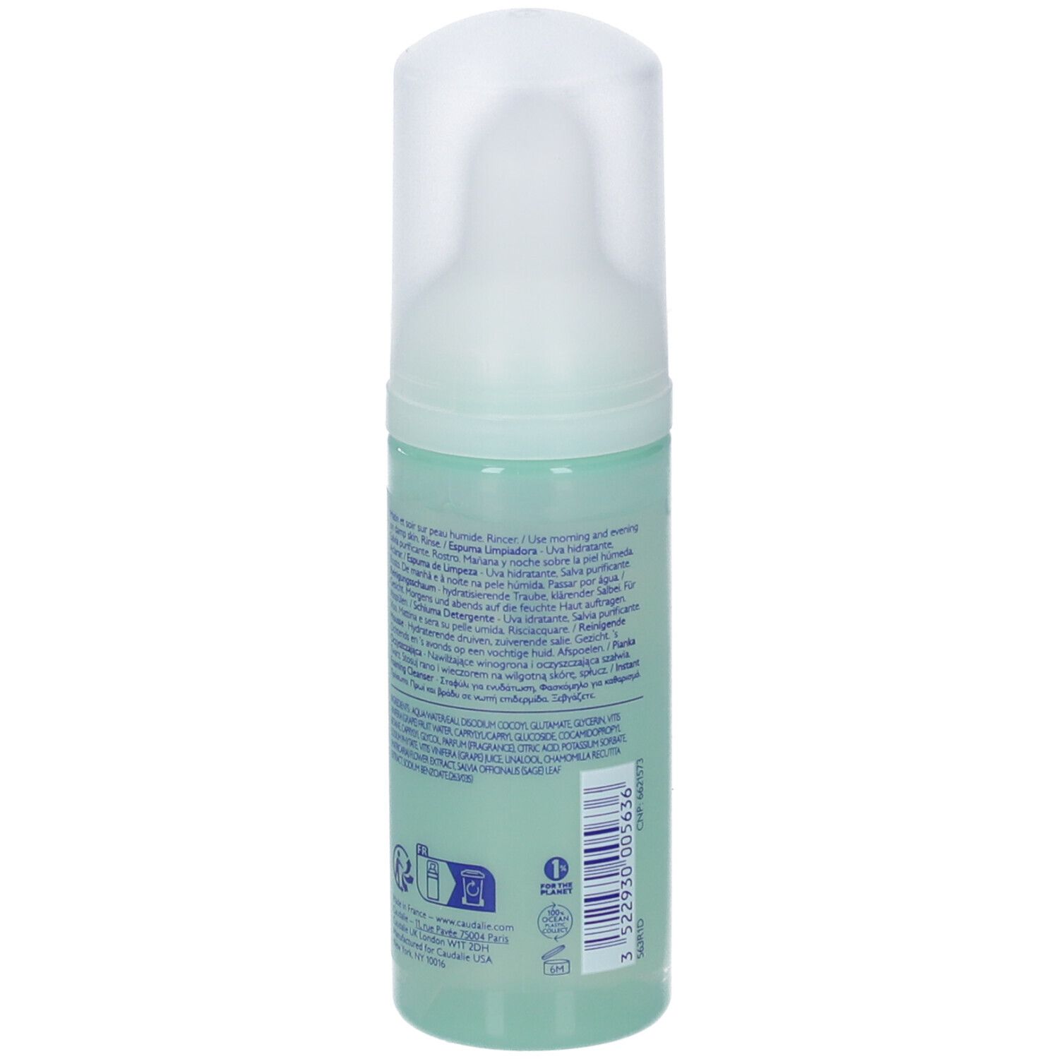 Vista laterale Caudalie Vinoclean Mousse Detergente con istruzioni dettagliate.