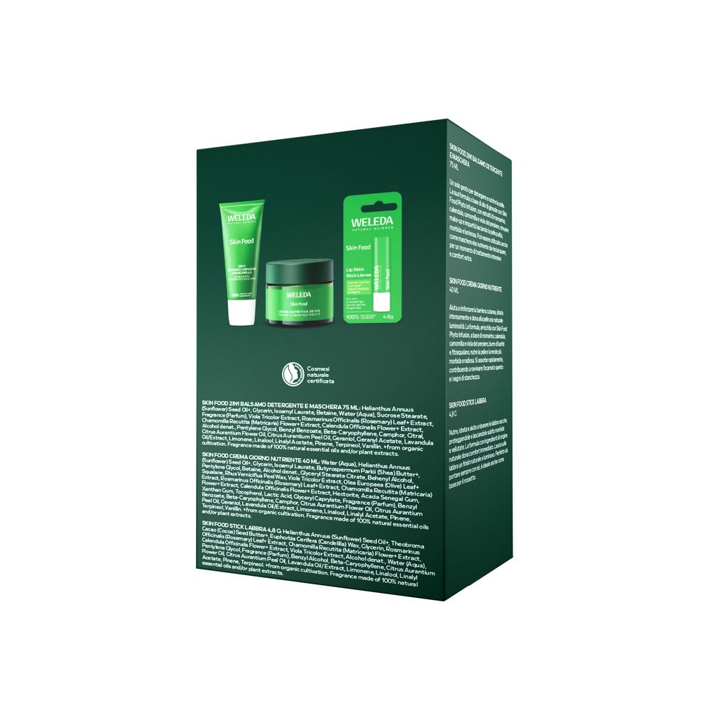 Confezione con tre prodotti Weleda Skin Food: tubo, vasetto e flacone contagocce.
