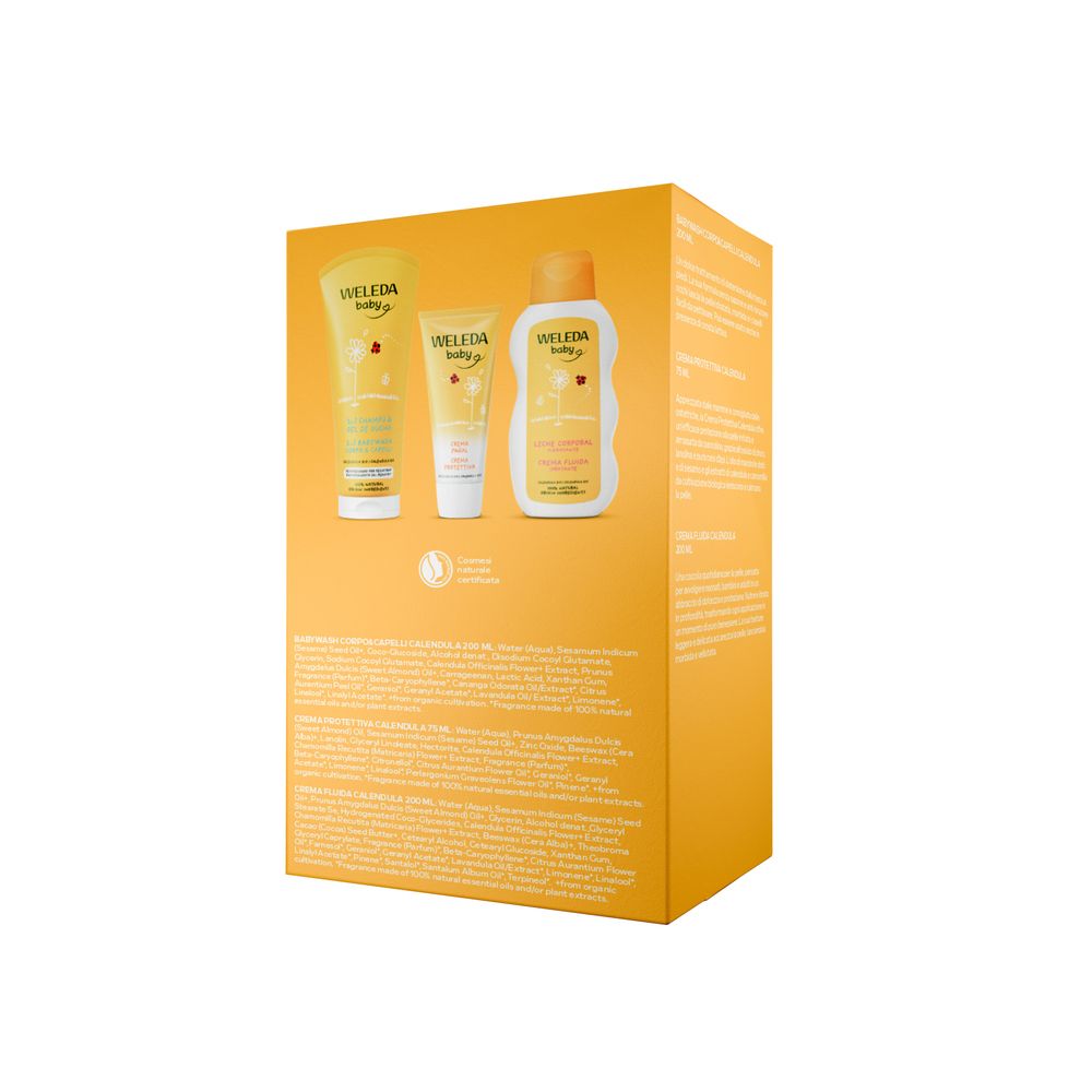 Set Weleda Baby: Gel, crema e olio in confezione gialla con motivi per bambini.
