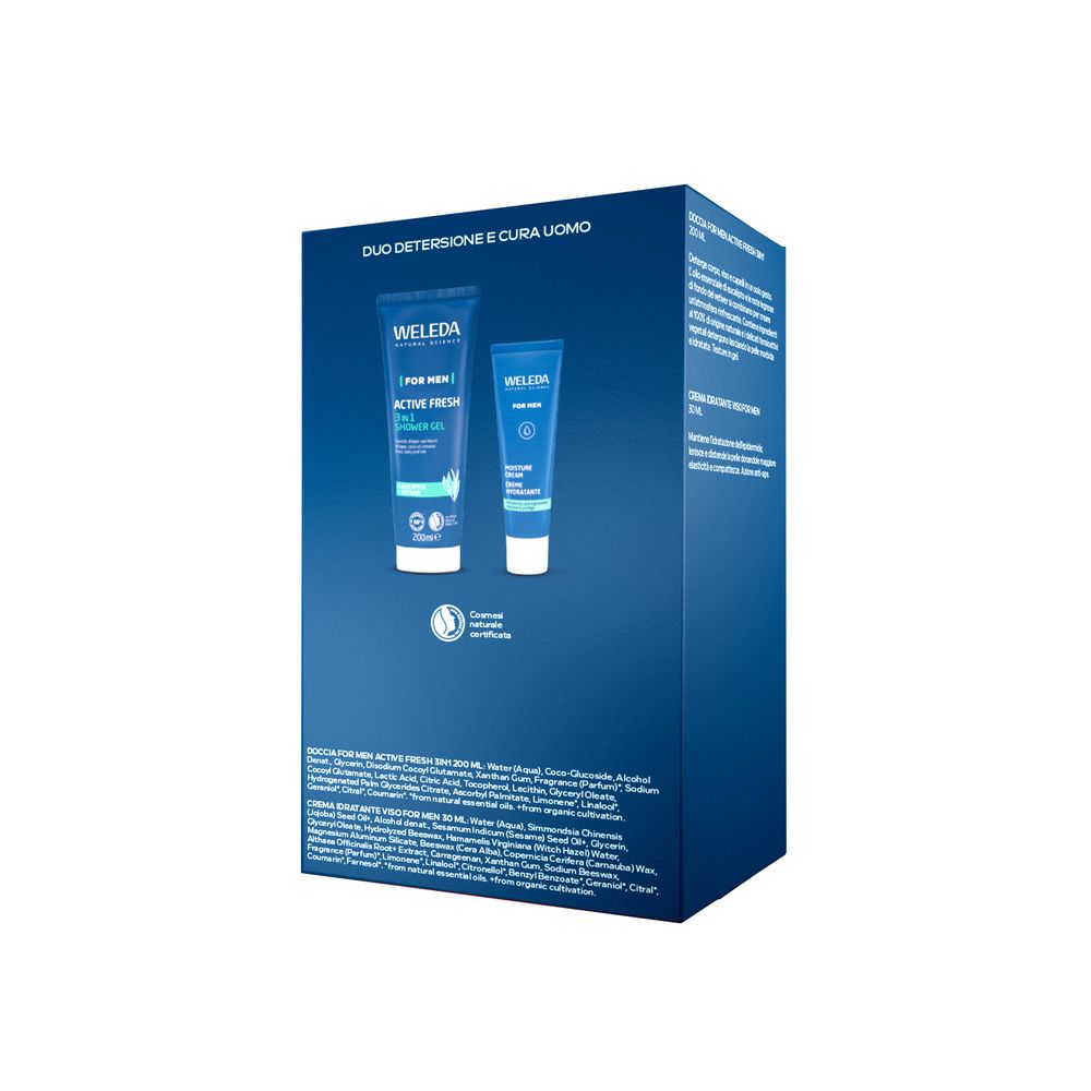 Retro della confezione regalo Weleda Duo Clean & Care For Men con informazioni sul prodotto.