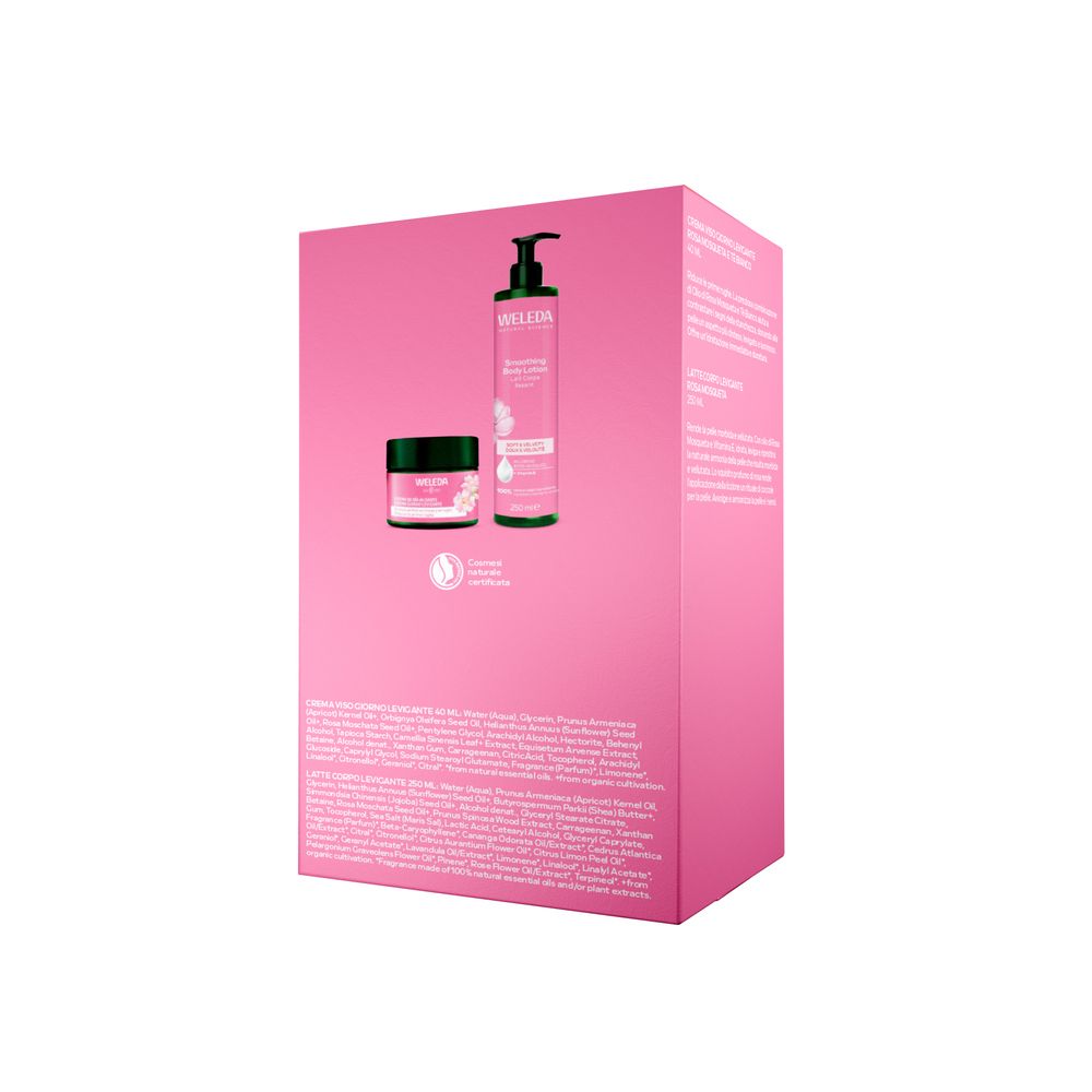 Confezione rosa con dispenser e barattolo. Dispenser con testina a pompa nera.