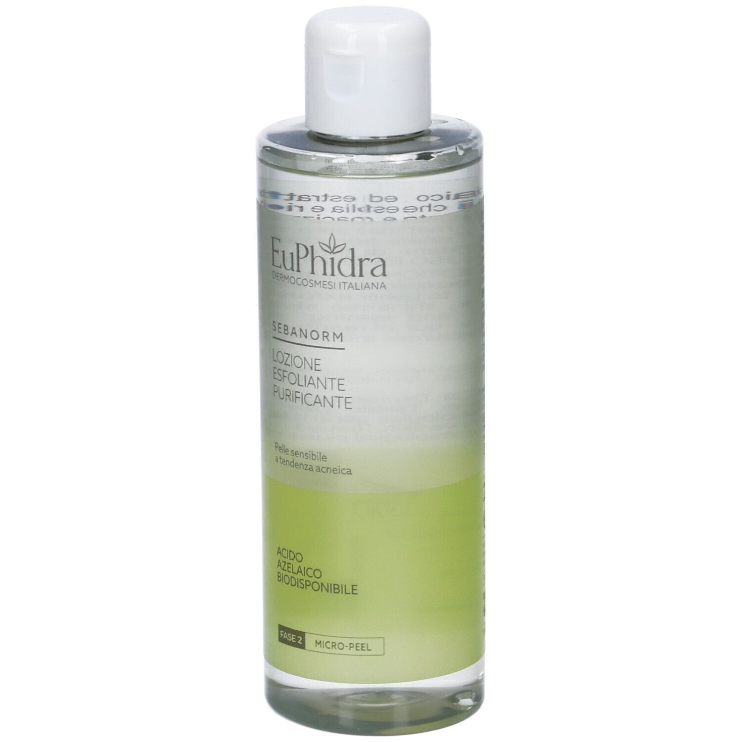 EuPhidra Sebanorm Lozione, 200ml, liquido limpido in flacone trasparente con tappo flip-top bianco.