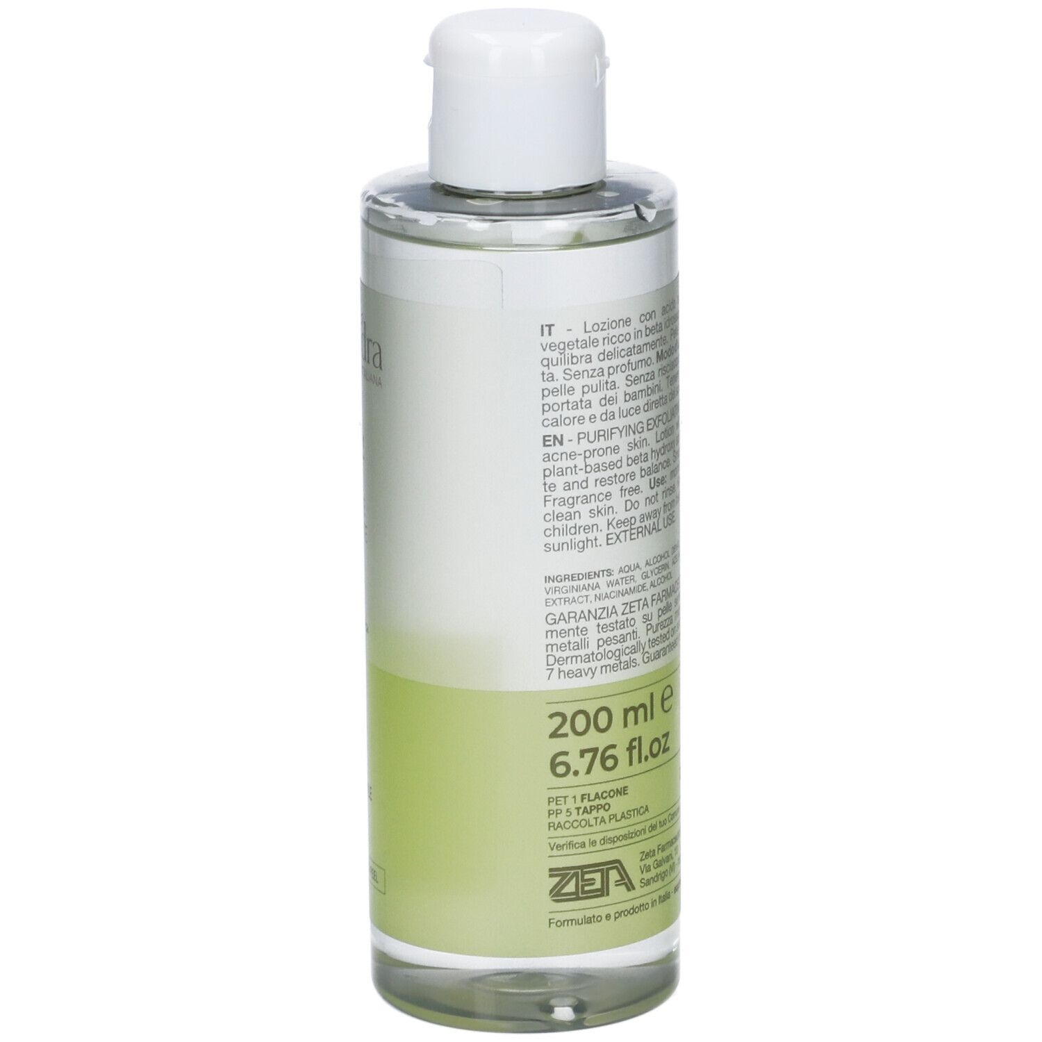 Tonico viso Zeta, flacone da 200 ml con tappo flip-top bianco.