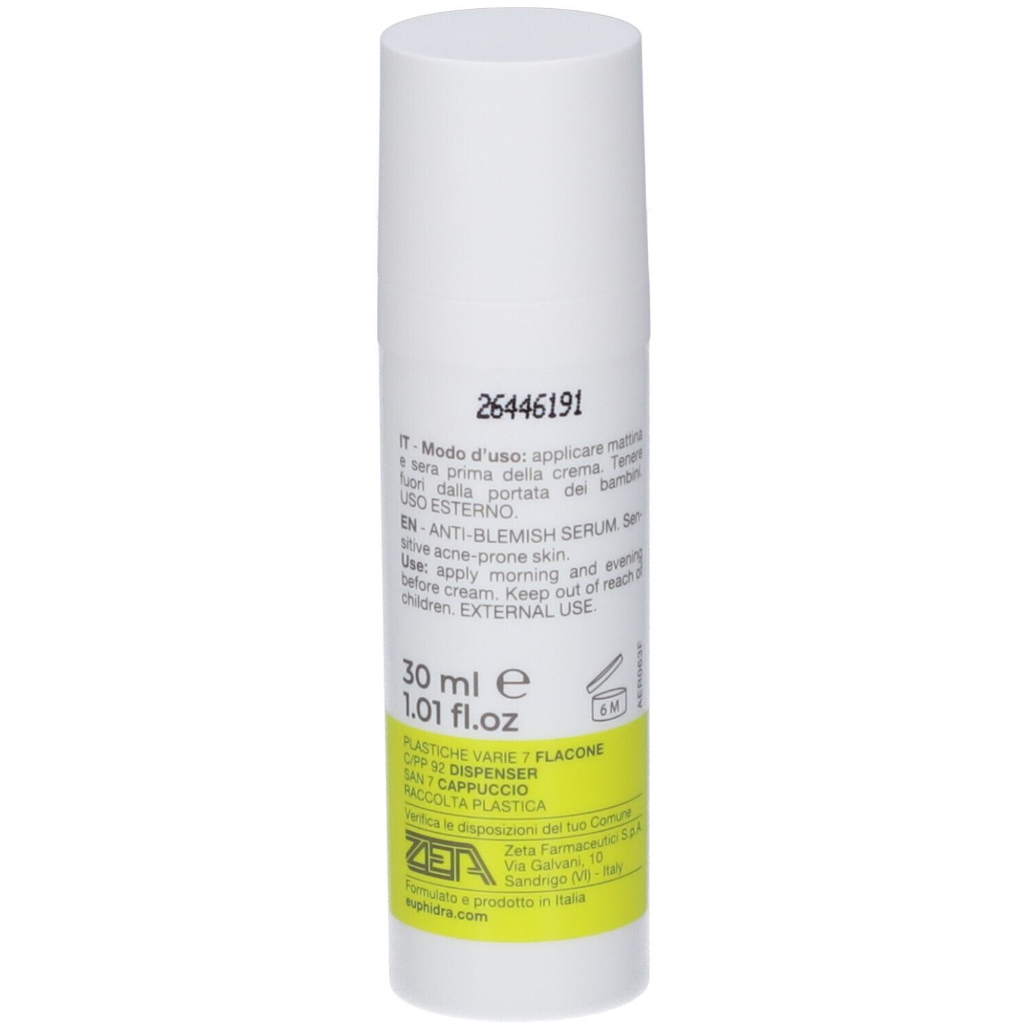 Flacone bianco con dispenser, 30 ml. Siero anti-brufoli per pelli a tendenza acneica.