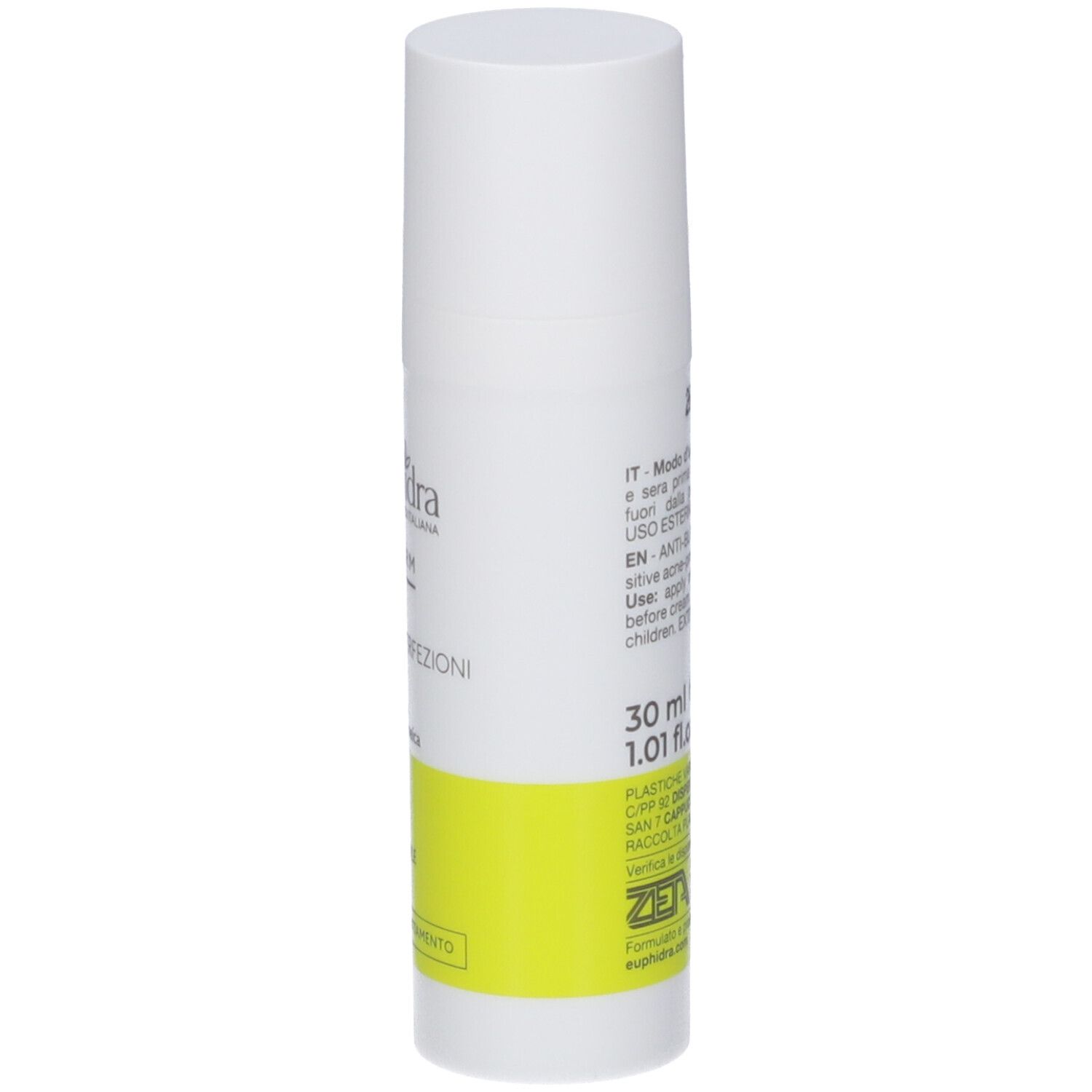 Flacone spray bianco con banda gialla, 30 ml.