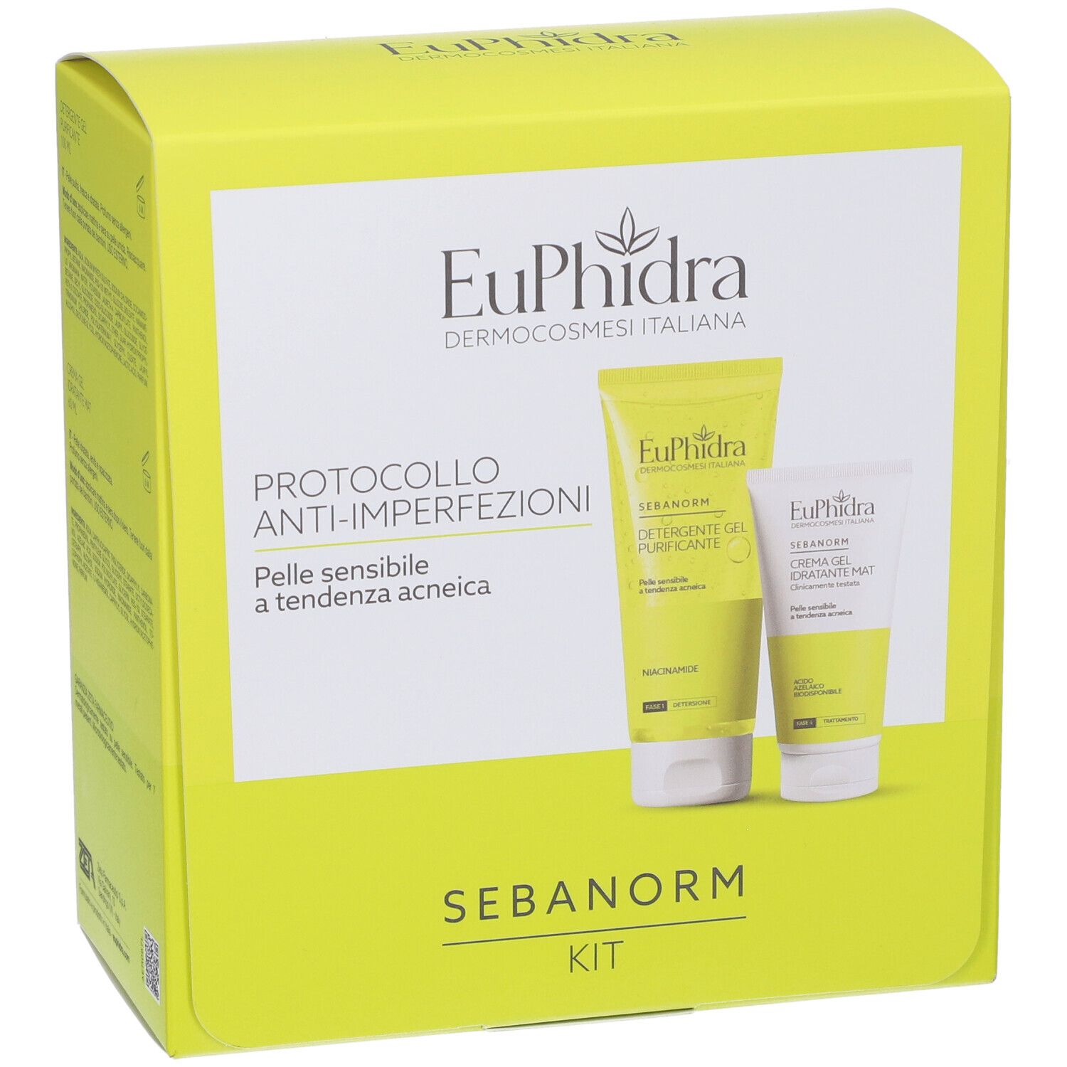 Scatola Euphidra Sebanorm Kit con due tubetti per pelli a tendenza acneica, gialla e bianca.